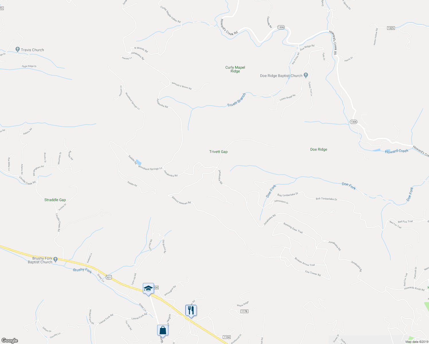 map of restaurants, bars, coffee shops, grocery stores, and more near 175 Boone Ridge Lane in Boone