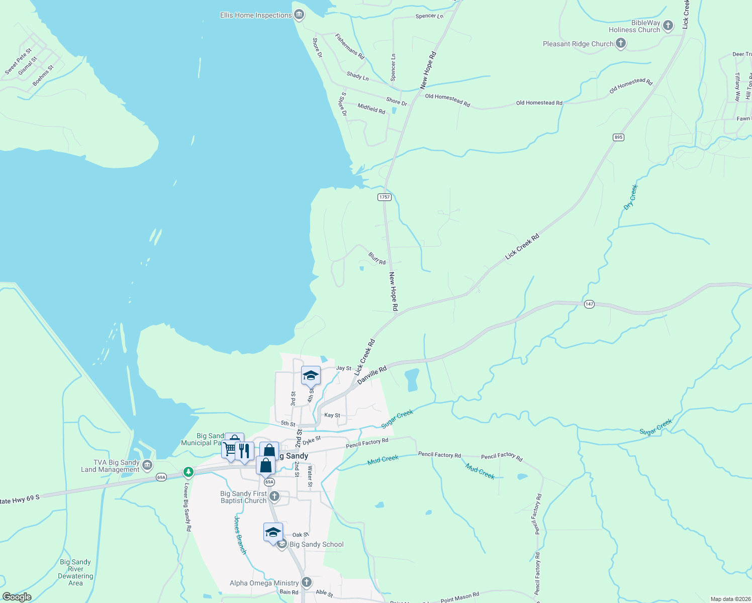 map of restaurants, bars, coffee shops, grocery stores, and more near 59 New Hope Road in Big Sandy