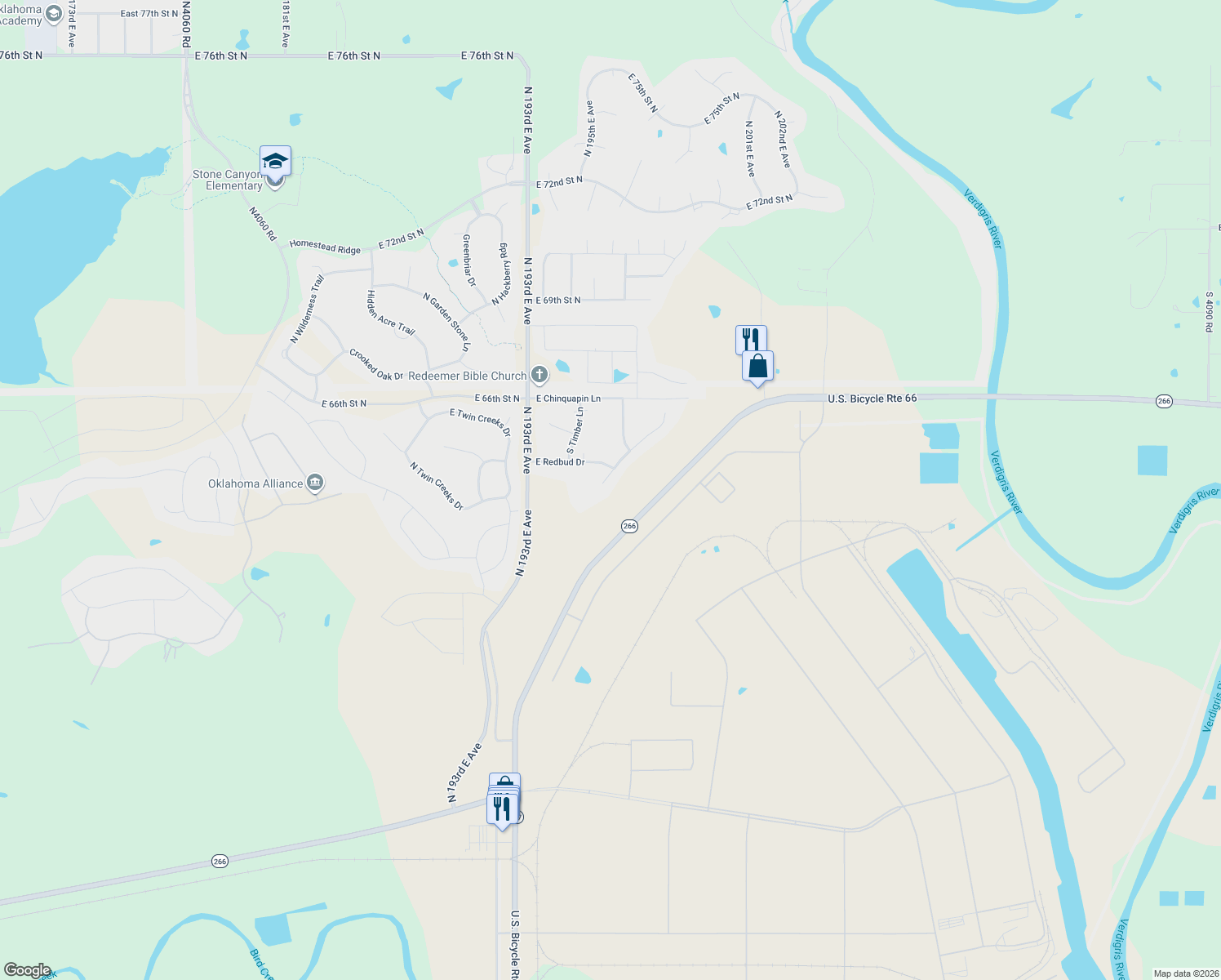 map of restaurants, bars, coffee shops, grocery stores, and more near 6361 South Ridgeview Road in Owasso