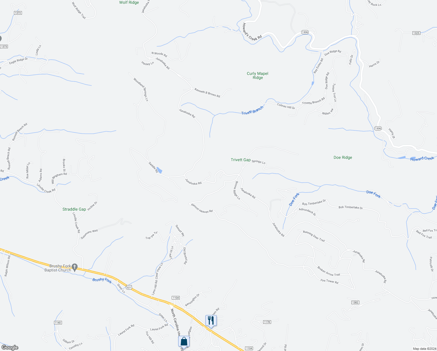 map of restaurants, bars, coffee shops, grocery stores, and more near 150 Sequoia Lane in Boone