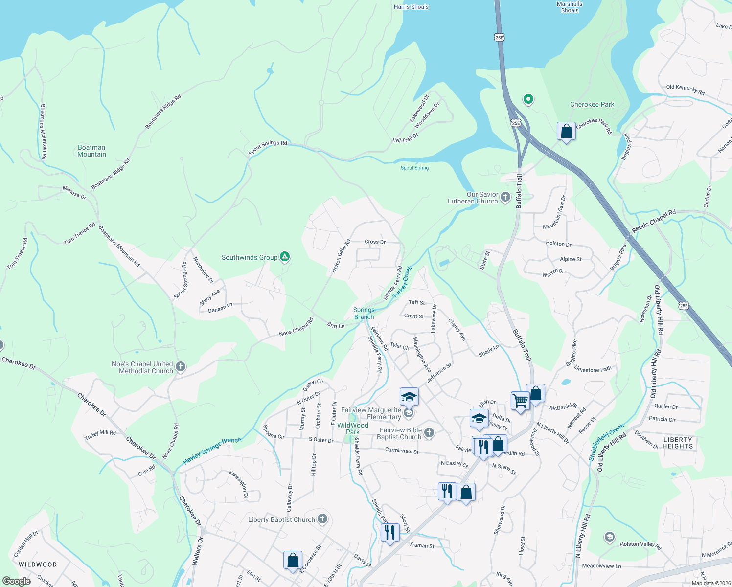map of restaurants, bars, coffee shops, grocery stores, and more near 2515 Shields Ferry Rd in Morristown