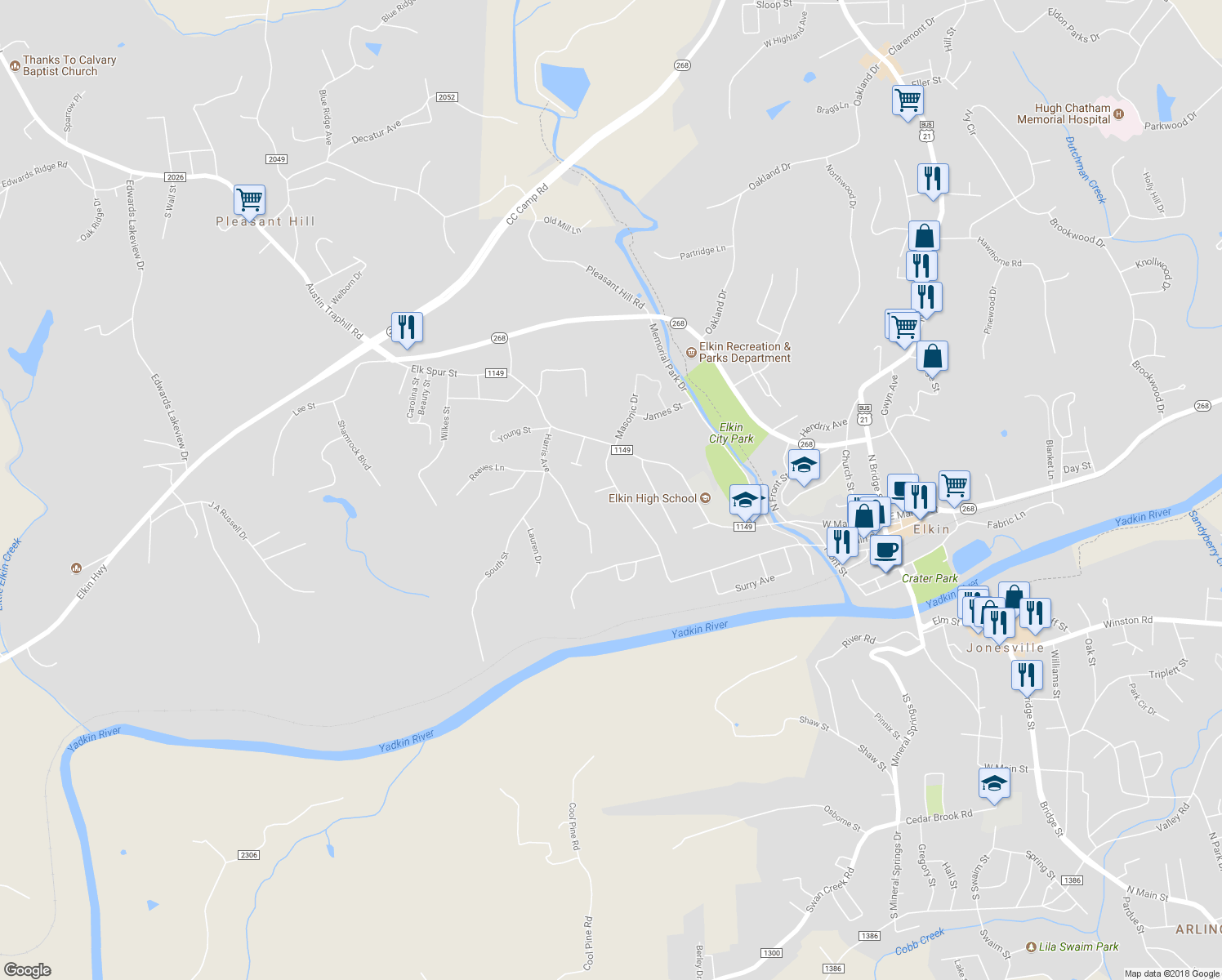map of restaurants, bars, coffee shops, grocery stores, and more near 103 Texas Street in Elkin