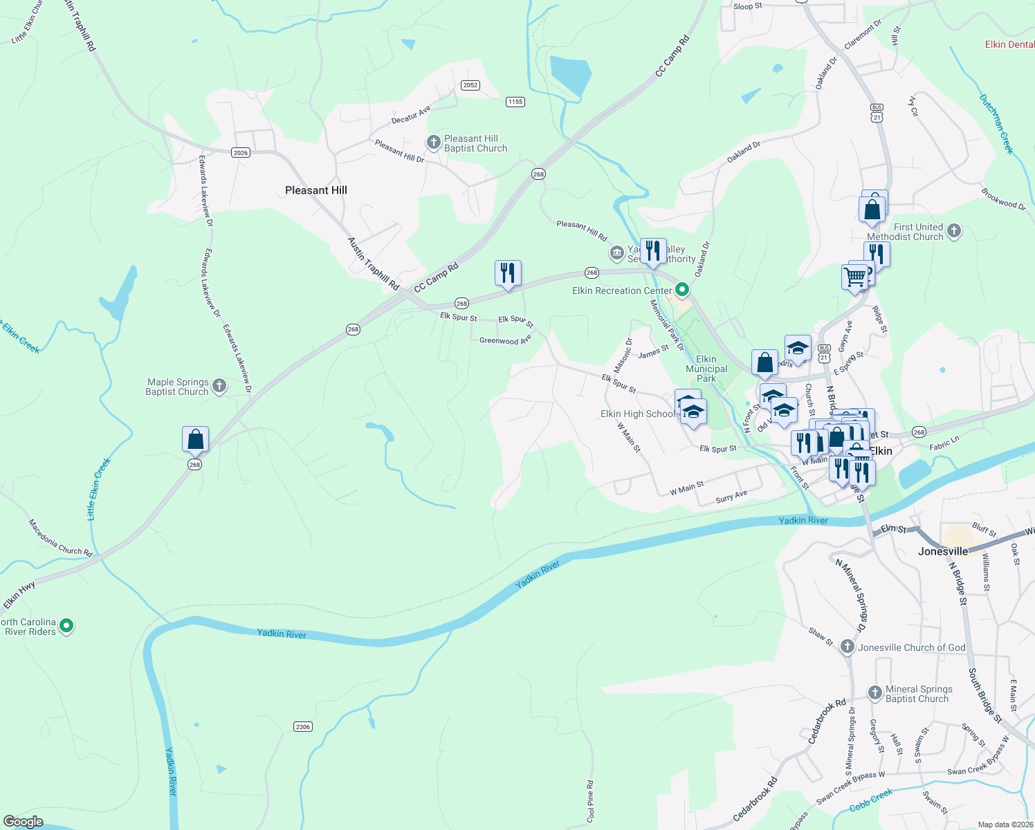 map of restaurants, bars, coffee shops, grocery stores, and more near 138 Newman Rd in Elkin