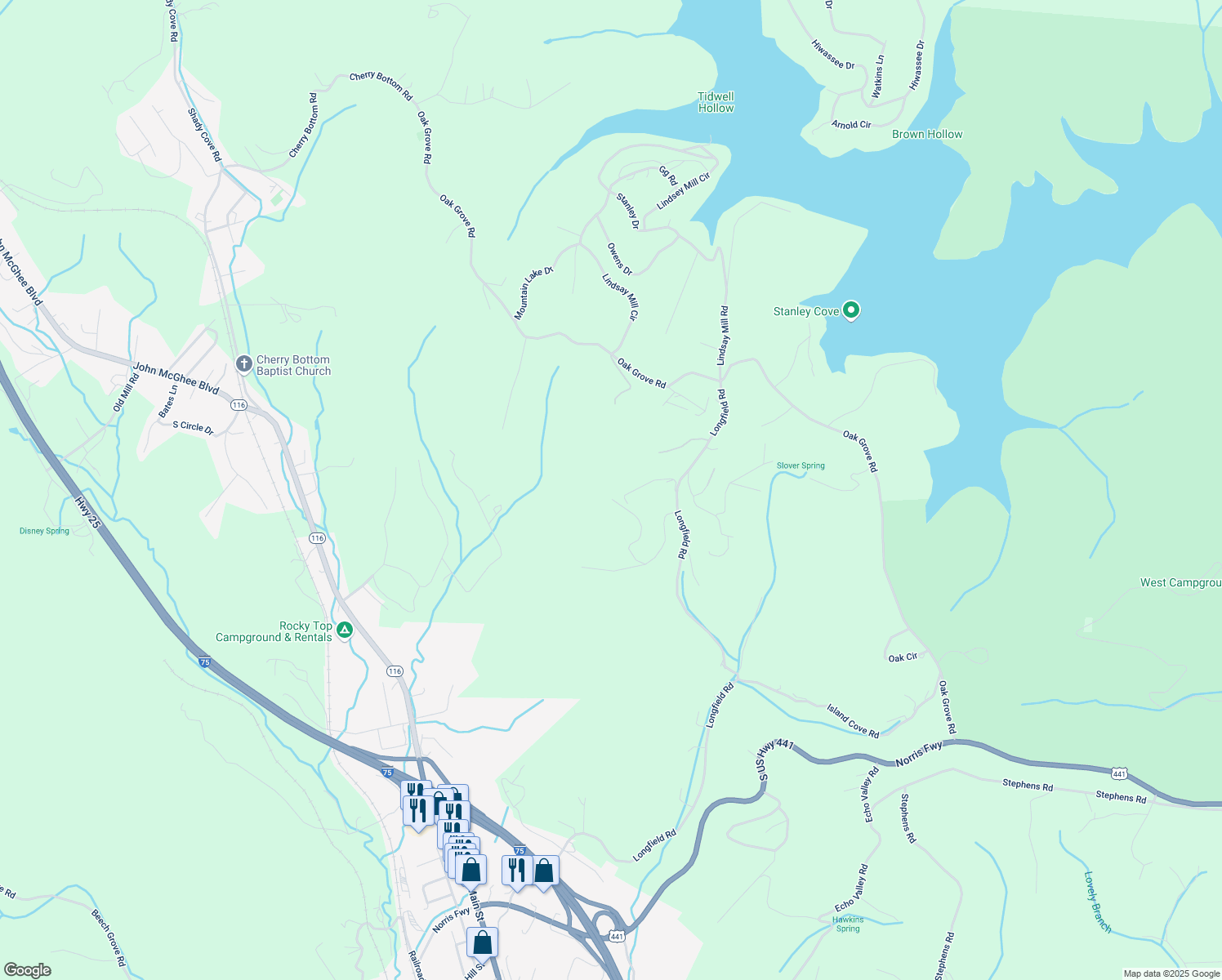 map of restaurants, bars, coffee shops, grocery stores, and more near 194 Easterly Circle in Rocky Top