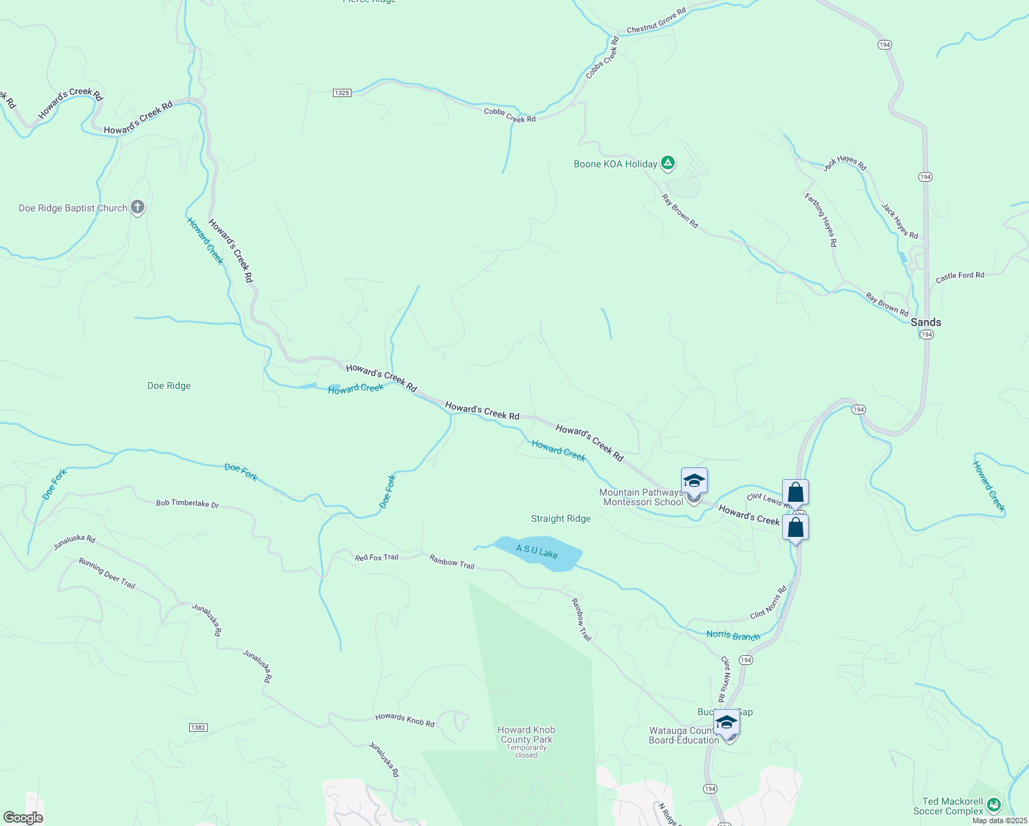 map of restaurants, bars, coffee shops, grocery stores, and more near 1266 Howard's Creek Road in Boone
