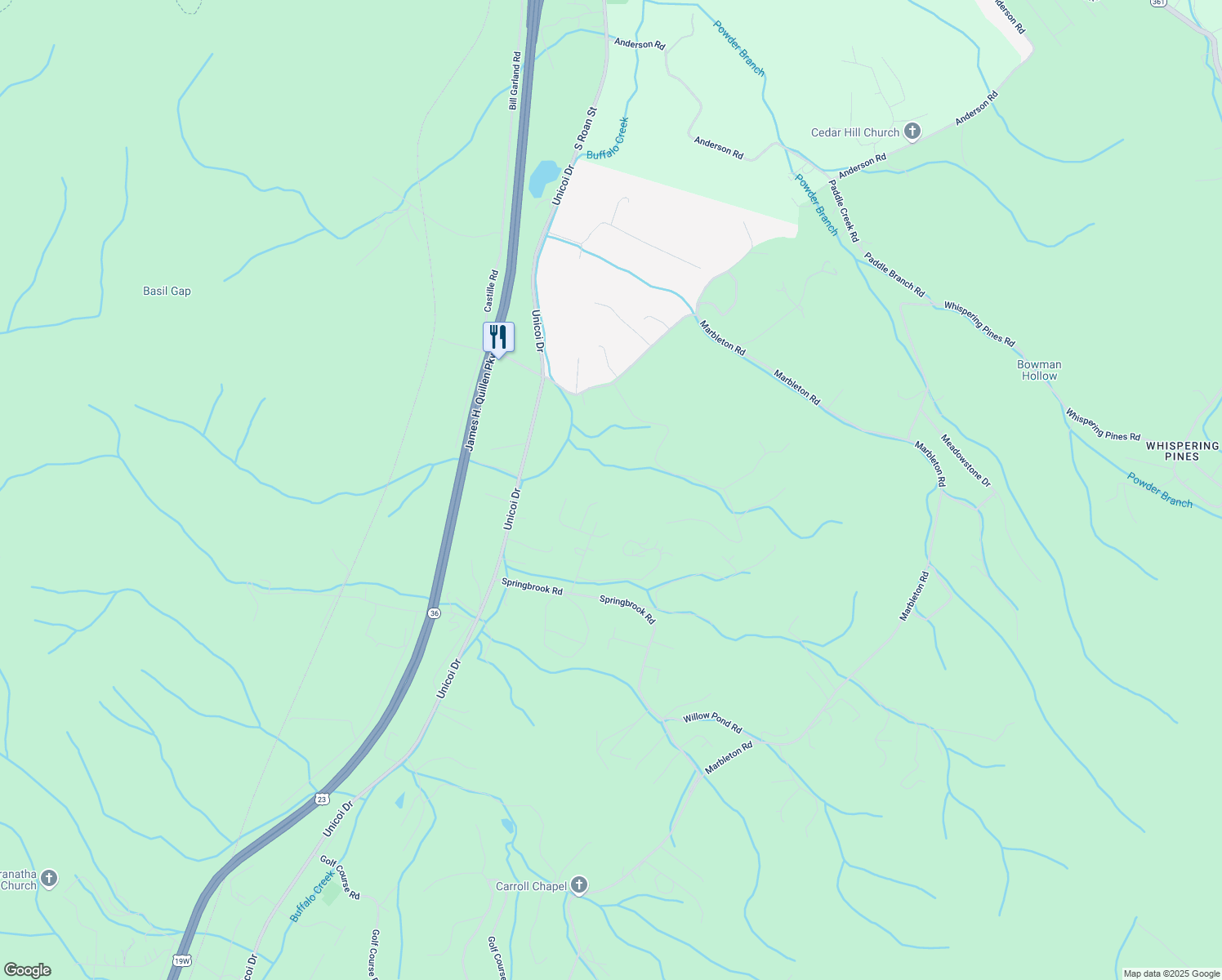 map of restaurants, bars, coffee shops, grocery stores, and more near 310 Meadowview Lane in Unicoi
