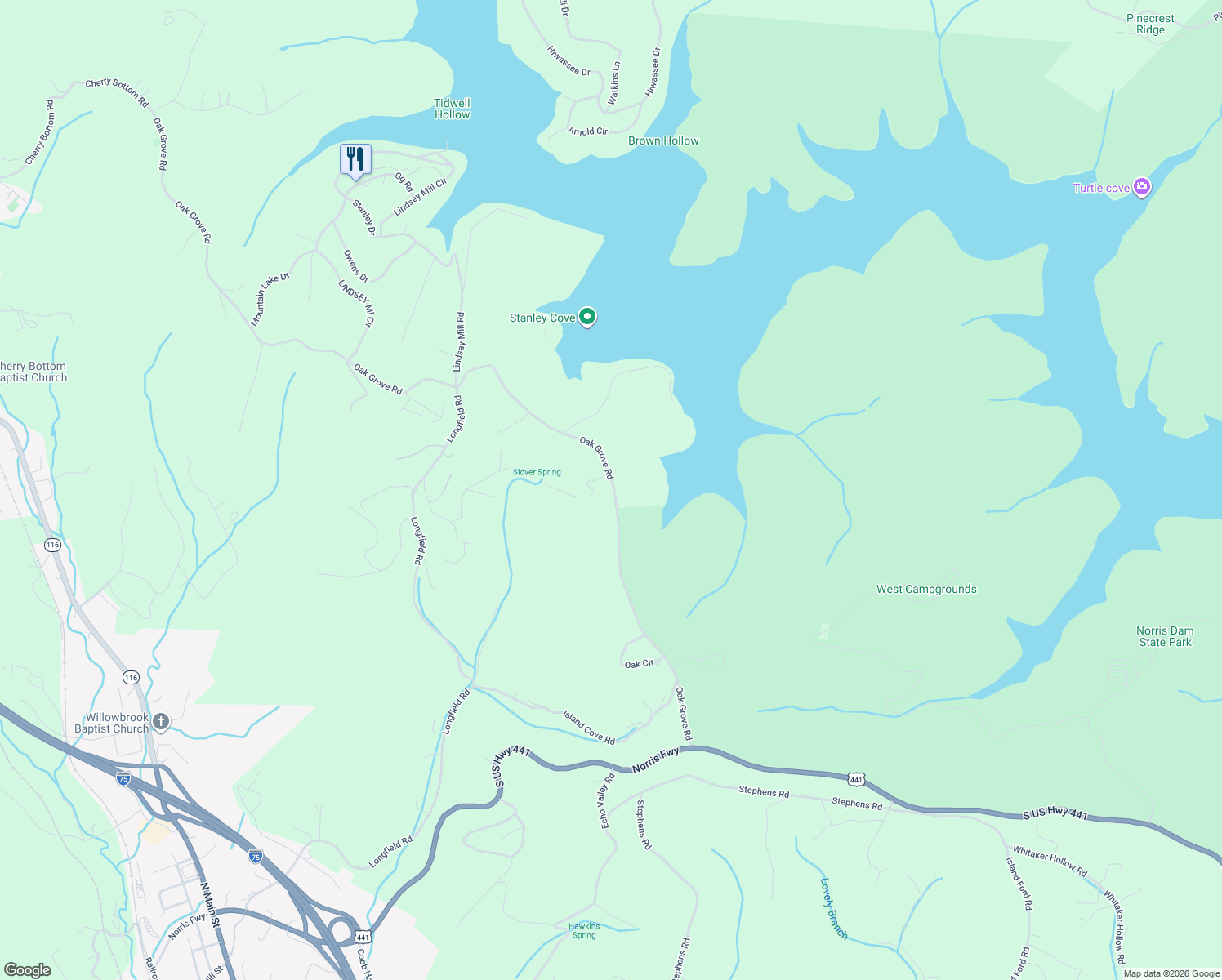 map of restaurants, bars, coffee shops, grocery stores, and more near 2743 Oak Grove Road in Rocky Top