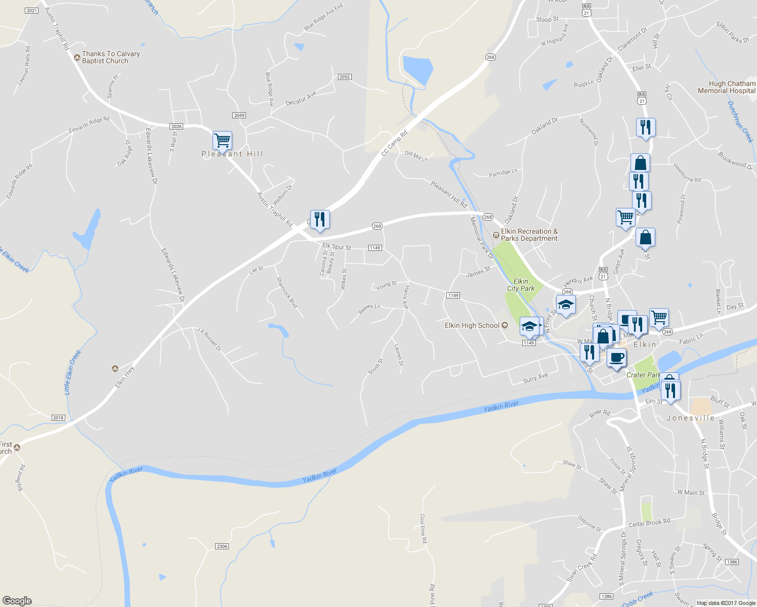 map of restaurants, bars, coffee shops, grocery stores, and more near 130 Reeves Lane in Elkin