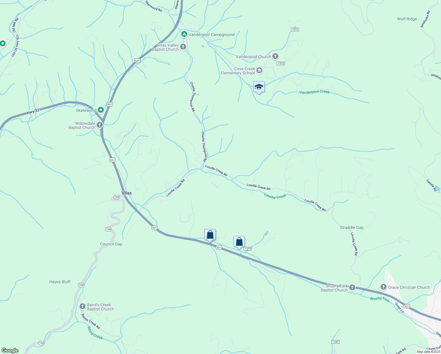 map of restaurants, bars, coffee shops, grocery stores, and more near 162 R Layng Road in Vilas