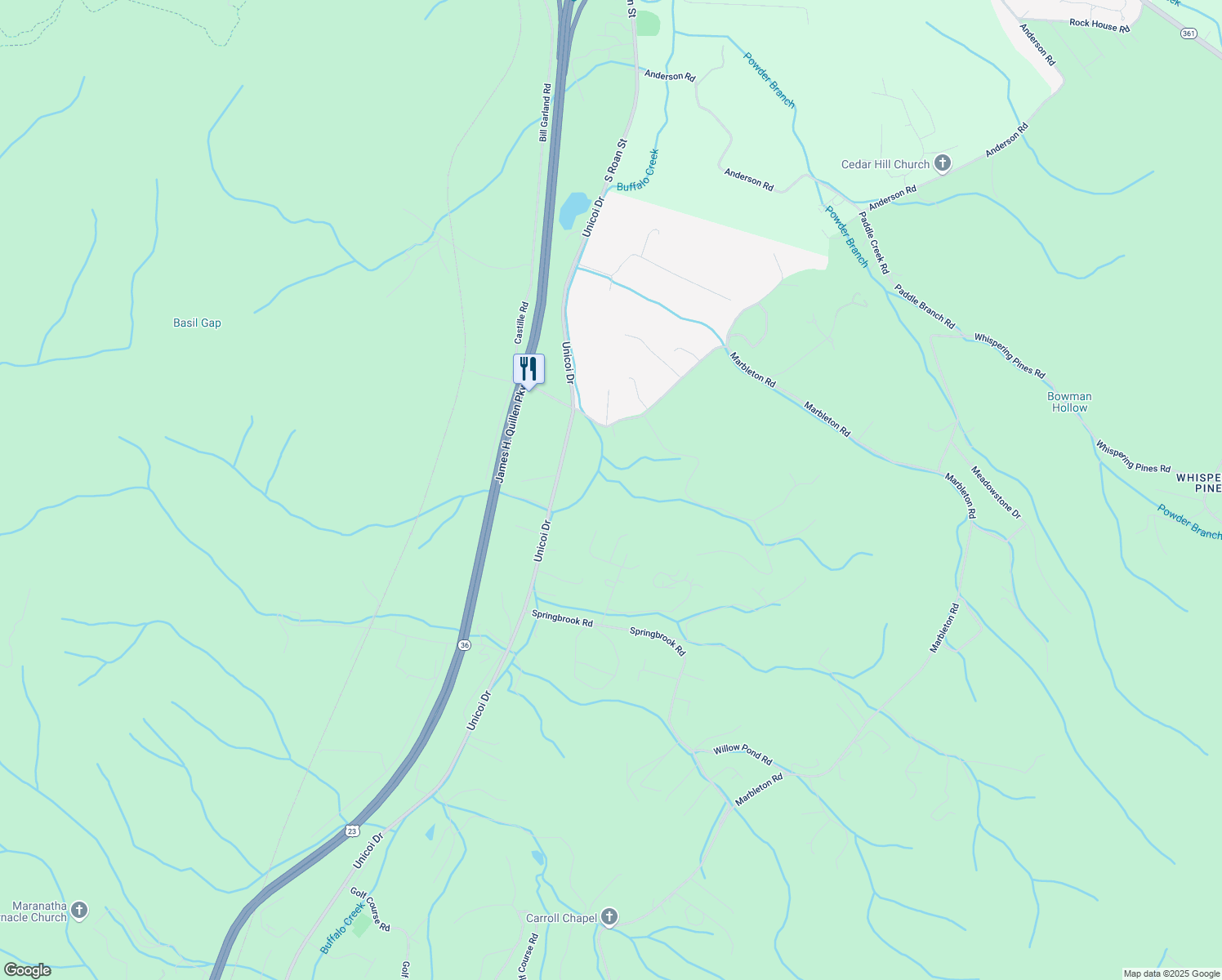 map of restaurants, bars, coffee shops, grocery stores, and more near 310 Meadowview Lane in Unicoi