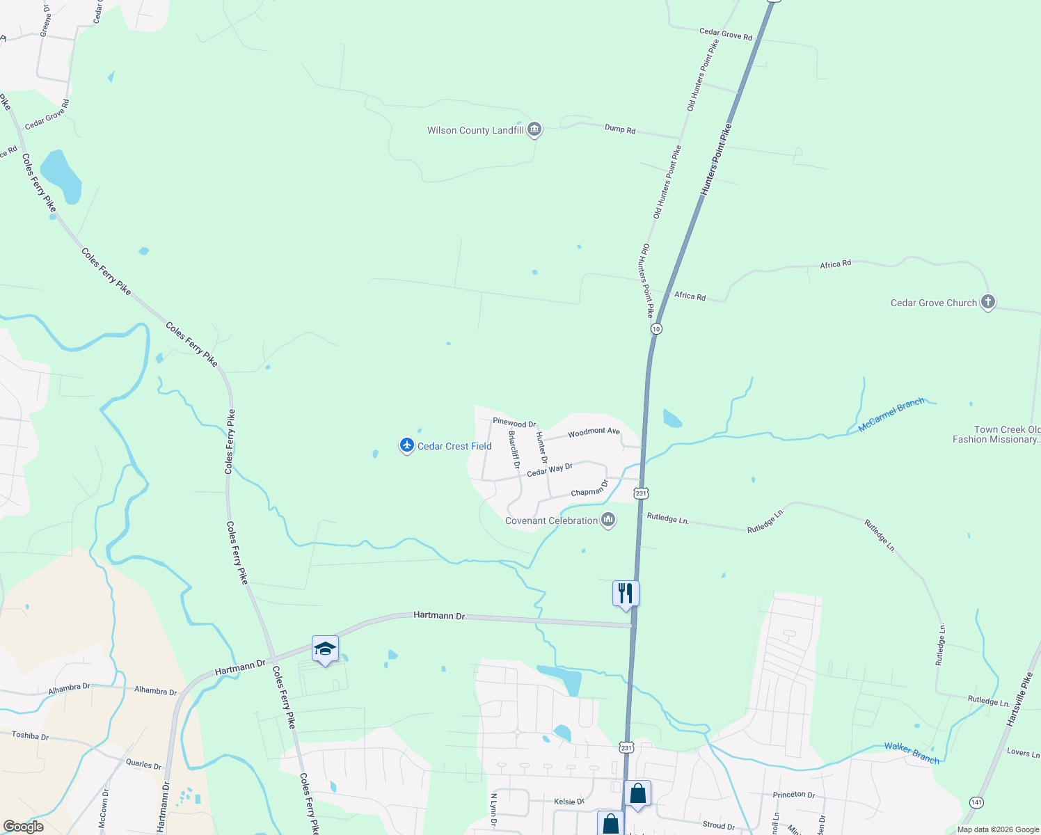 map of restaurants, bars, coffee shops, grocery stores, and more near 203 Pinewood Drive in Lebanon