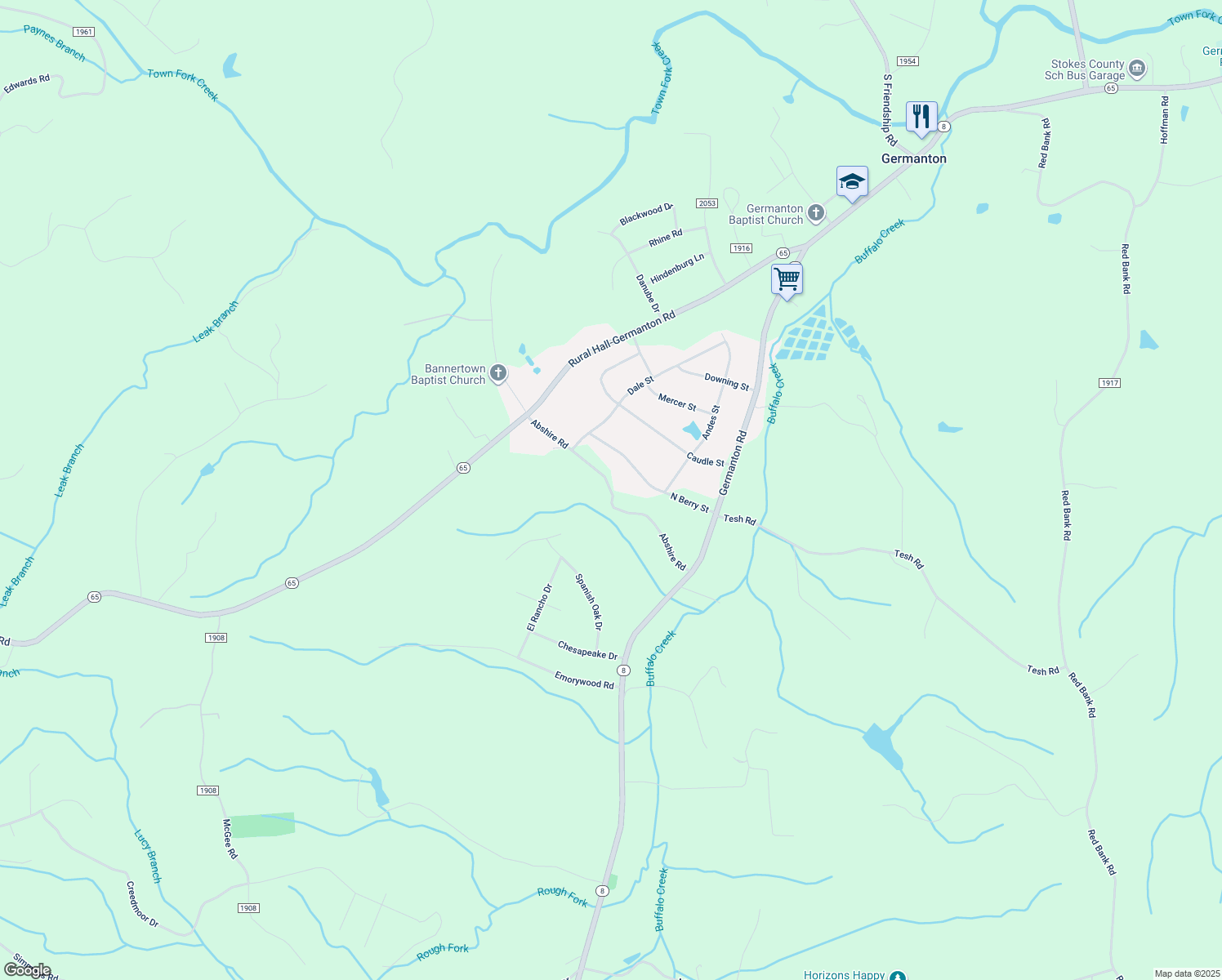 map of restaurants, bars, coffee shops, grocery stores, and more near Abshire Road in Germanton