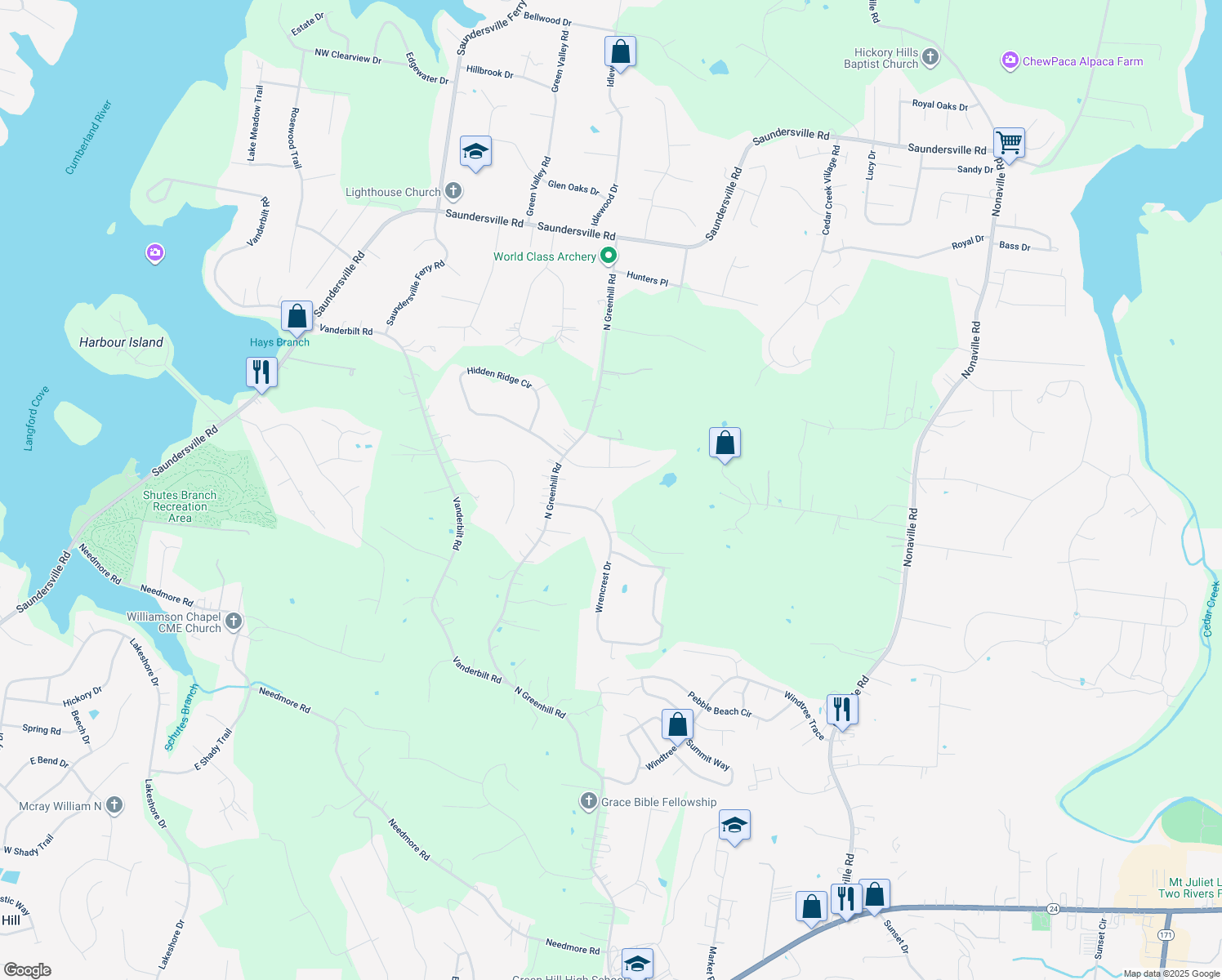map of restaurants, bars, coffee shops, grocery stores, and more near 5012 Magnolia Estates Boulevard in Mt. Juliet