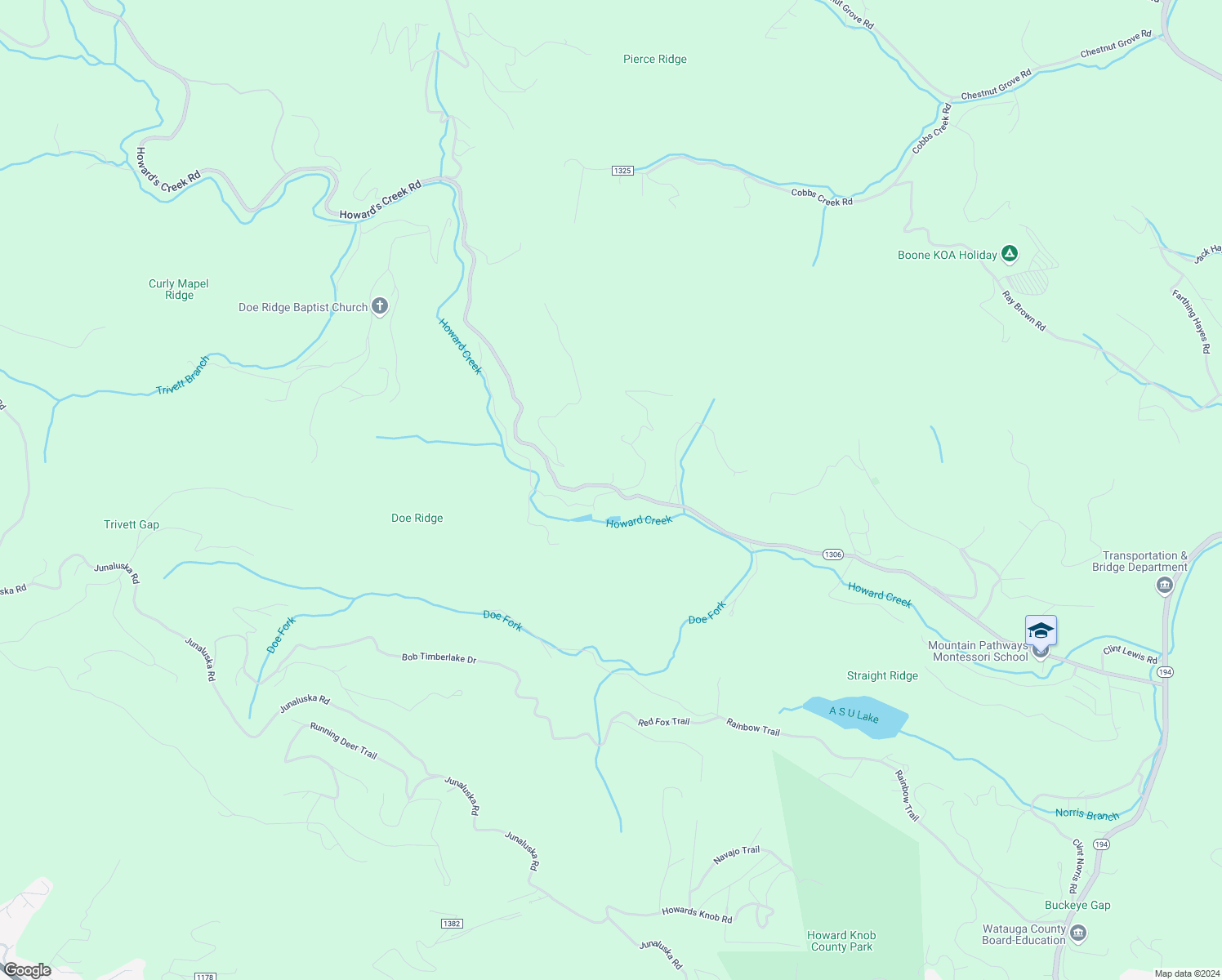 map of restaurants, bars, coffee shops, grocery stores, and more near 1951 Howard's Creek Road in Boone