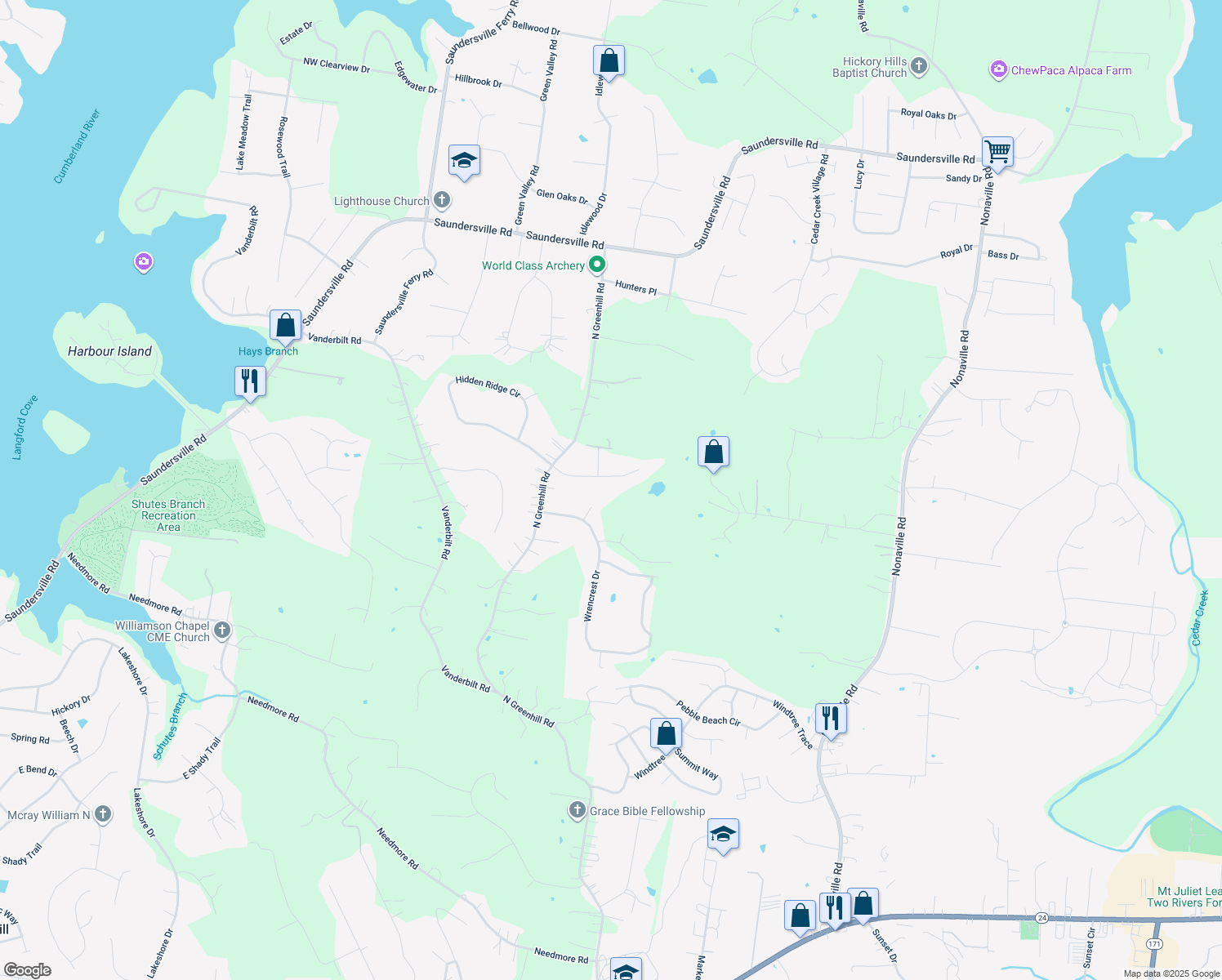 map of restaurants, bars, coffee shops, grocery stores, and more near 5012 Magnolia Estates Boulevard in Mt. Juliet