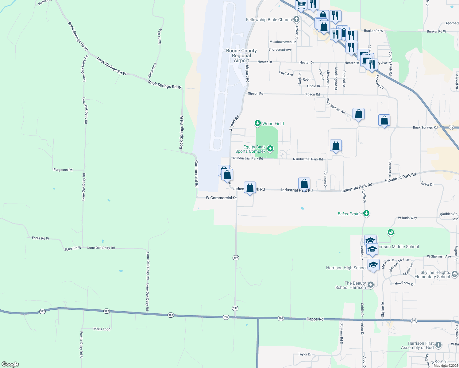 map of restaurants, bars, coffee shops, grocery stores, and more near 1724 Airport Rd in Harrison