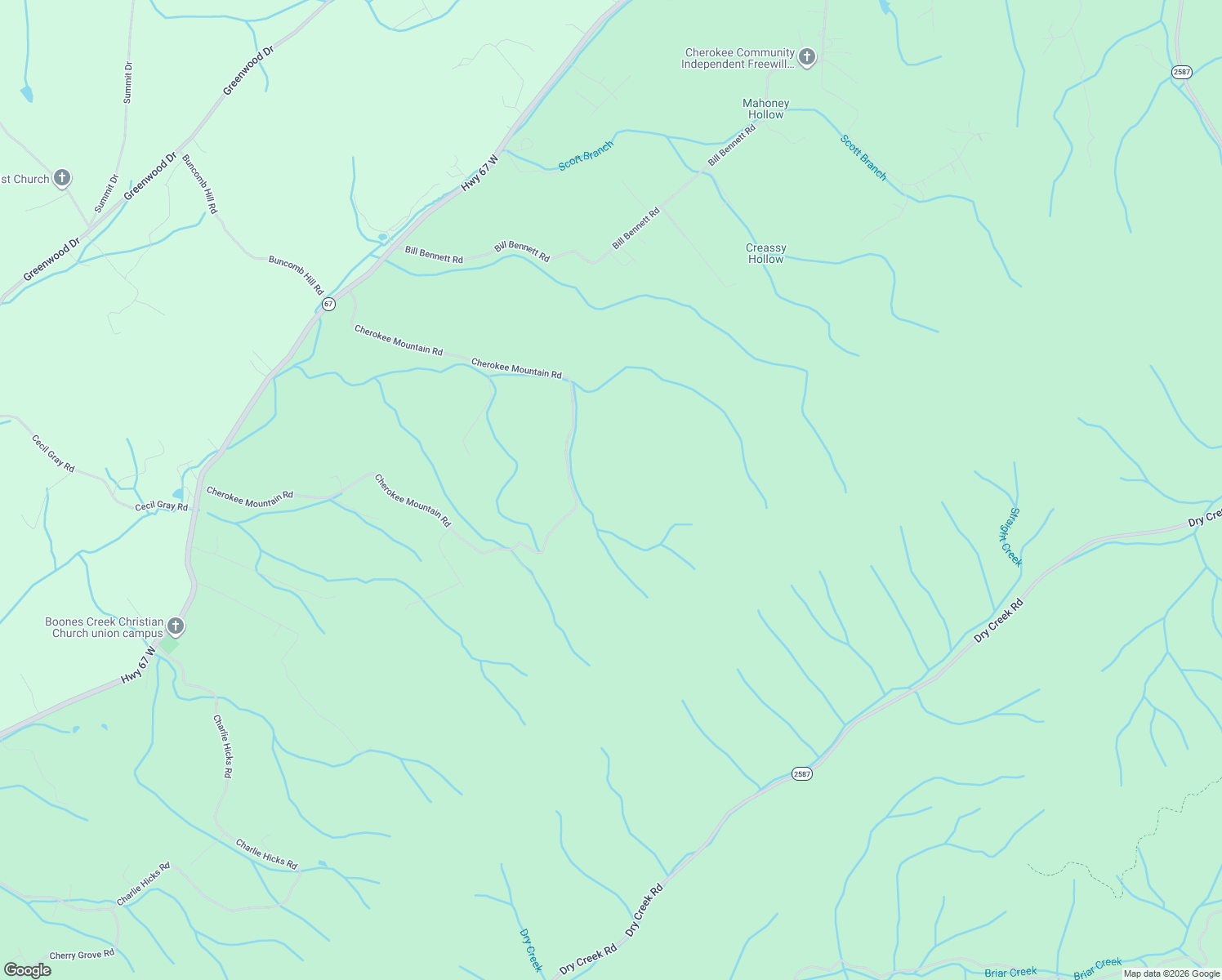 map of restaurants, bars, coffee shops, grocery stores, and more near 435 Cherokee Mountain Road in Jonesborough