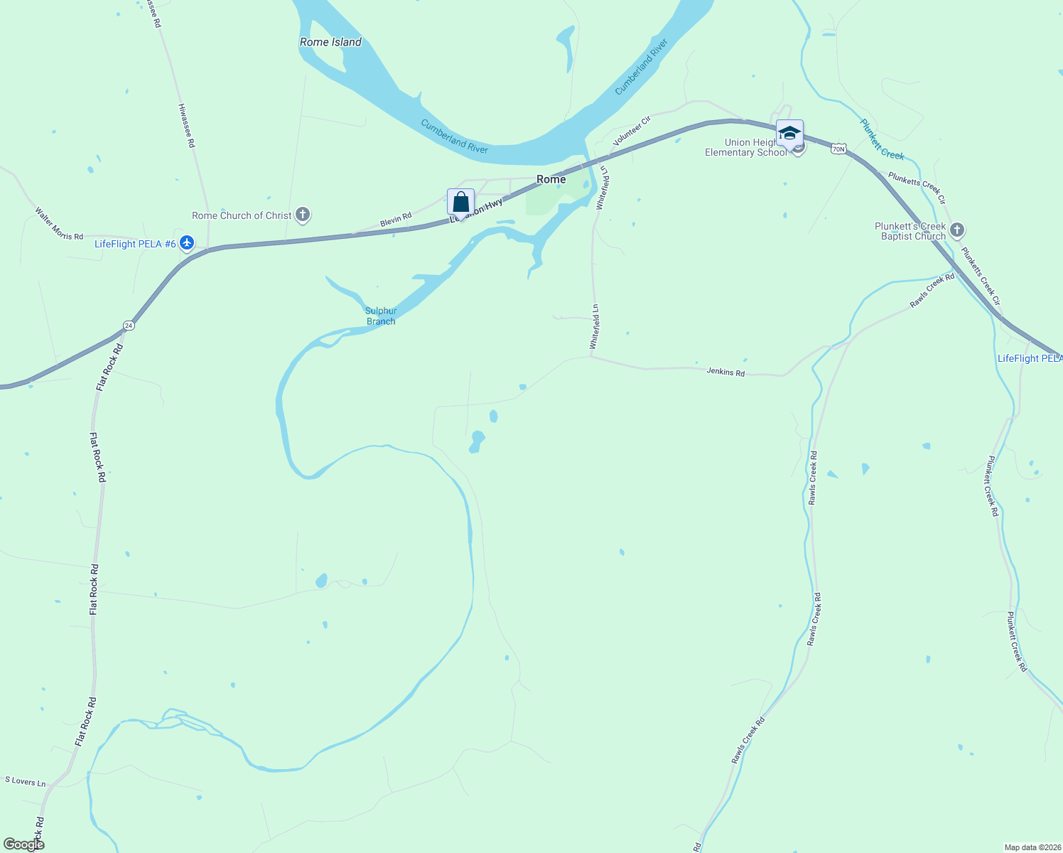 map of restaurants, bars, coffee shops, grocery stores, and more near 97 Whitefield Lane in Carthage