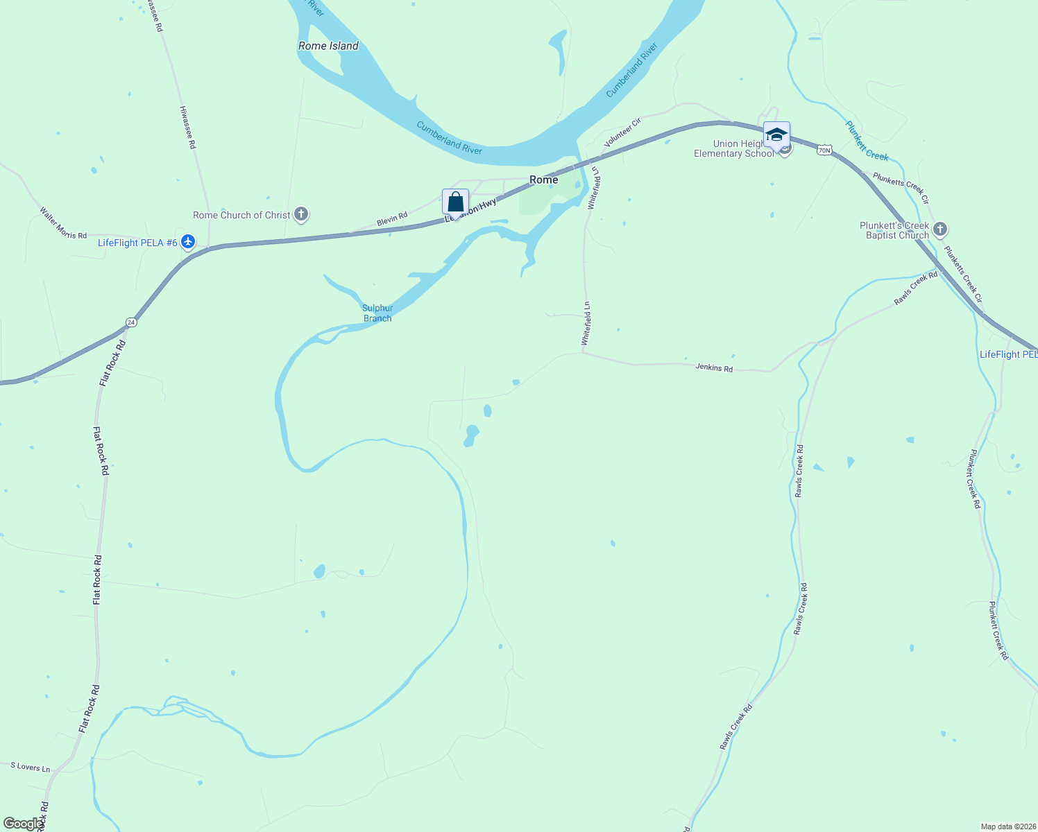 map of restaurants, bars, coffee shops, grocery stores, and more near 97 Whitefield Lane in Carthage