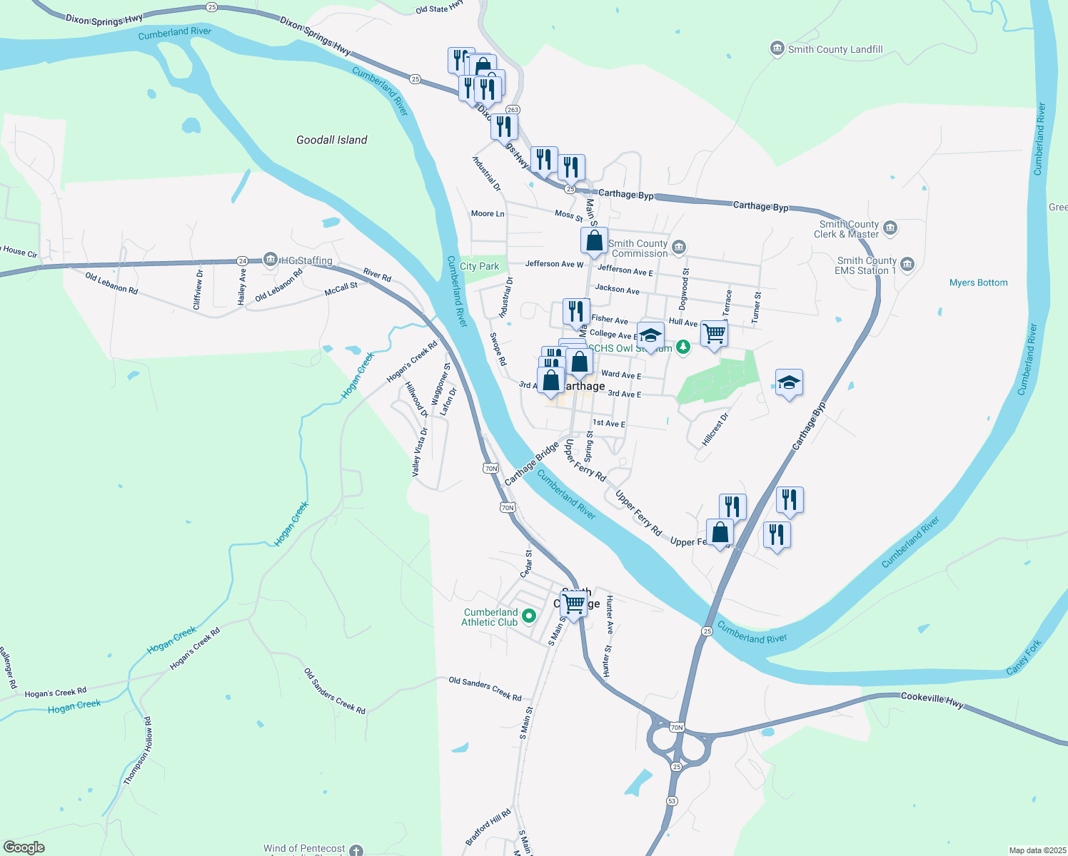 map of restaurants, bars, coffee shops, grocery stores, and more near 298 1st Ave W in Carthage