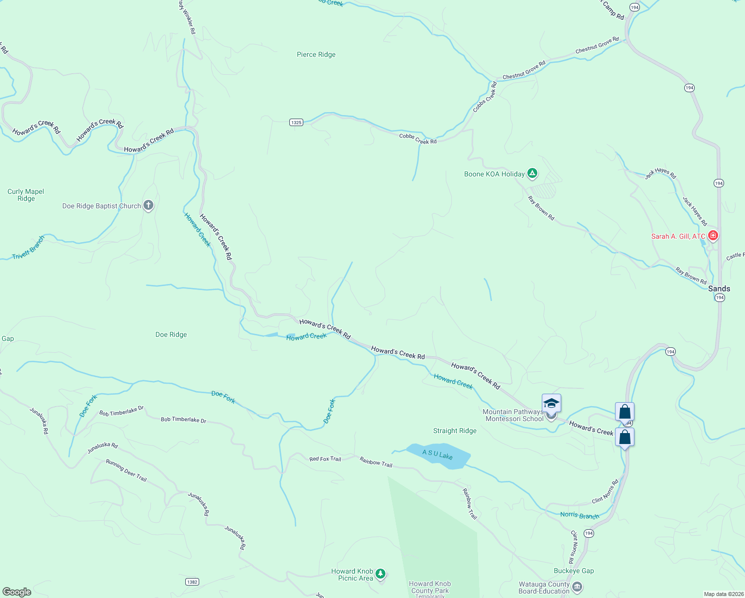 map of restaurants, bars, coffee shops, grocery stores, and more near 1672-/1674 Howard's Creek Road in Boone