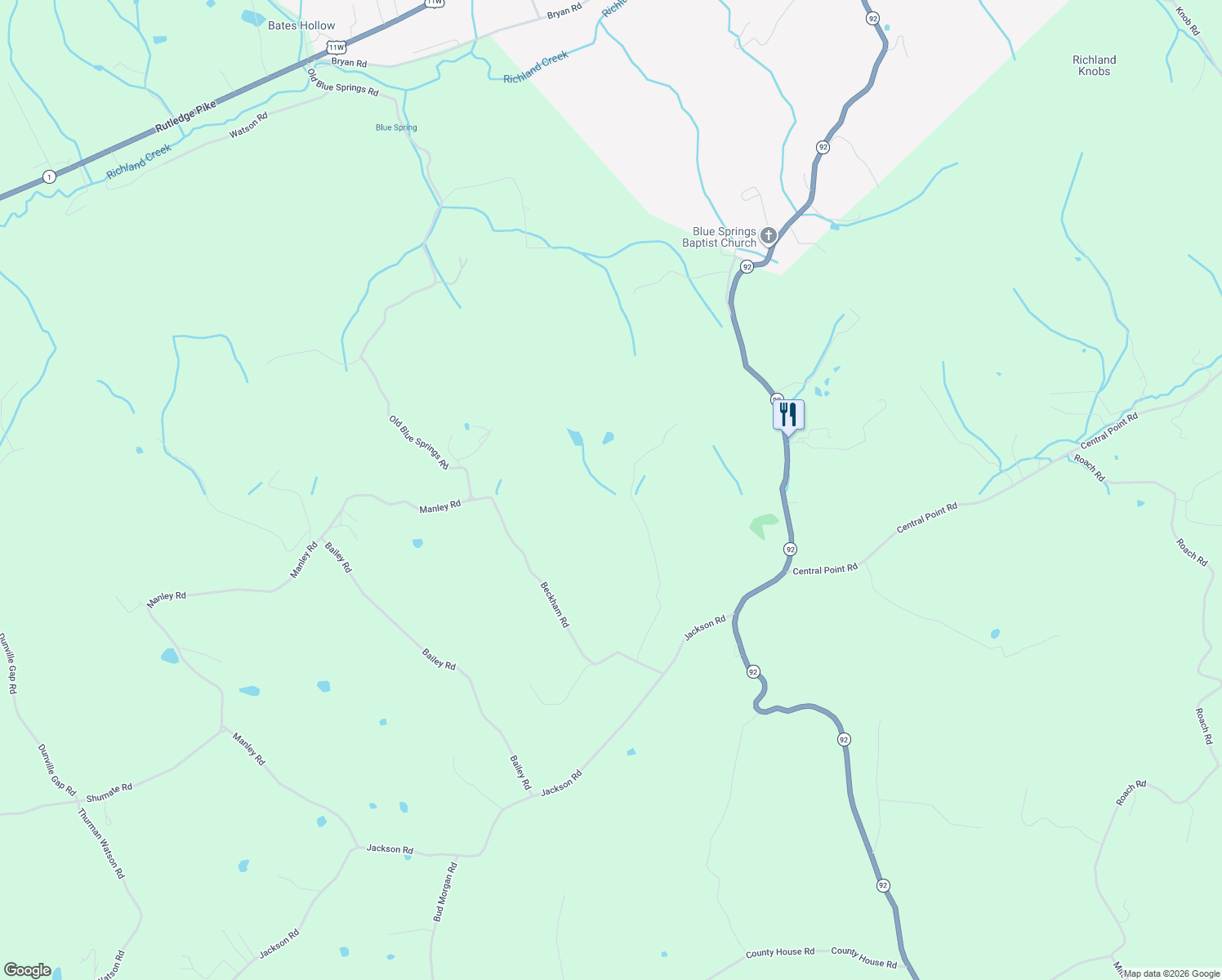 map of restaurants, bars, coffee shops, grocery stores, and more near 557 Carrol Greenlee Road in Rutledge