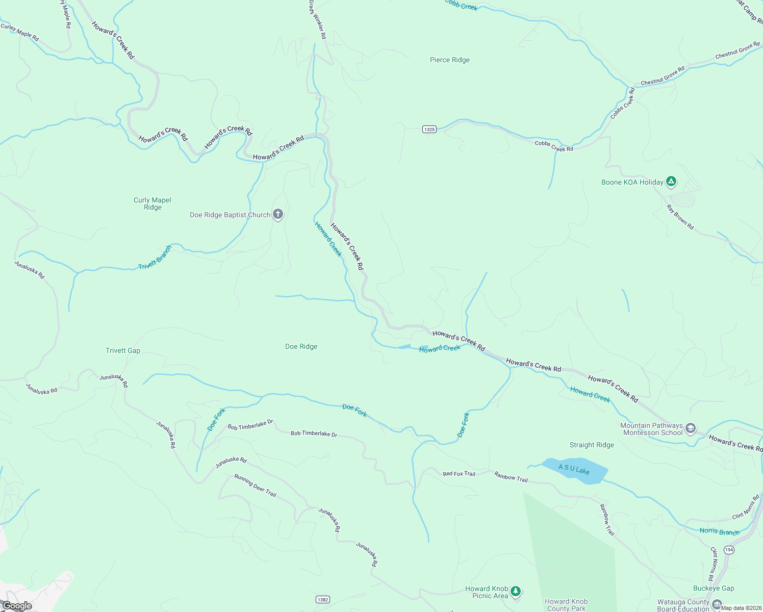 map of restaurants, bars, coffee shops, grocery stores, and more near 2214 Howard's Creek Road in Boone