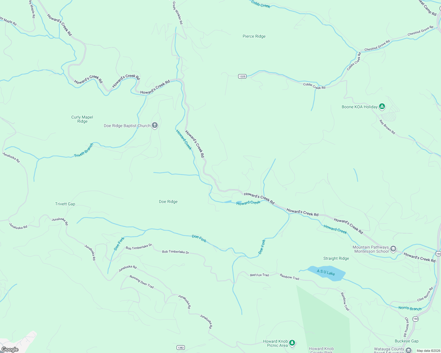 map of restaurants, bars, coffee shops, grocery stores, and more near 2214 Howard's Creek Road in Boone