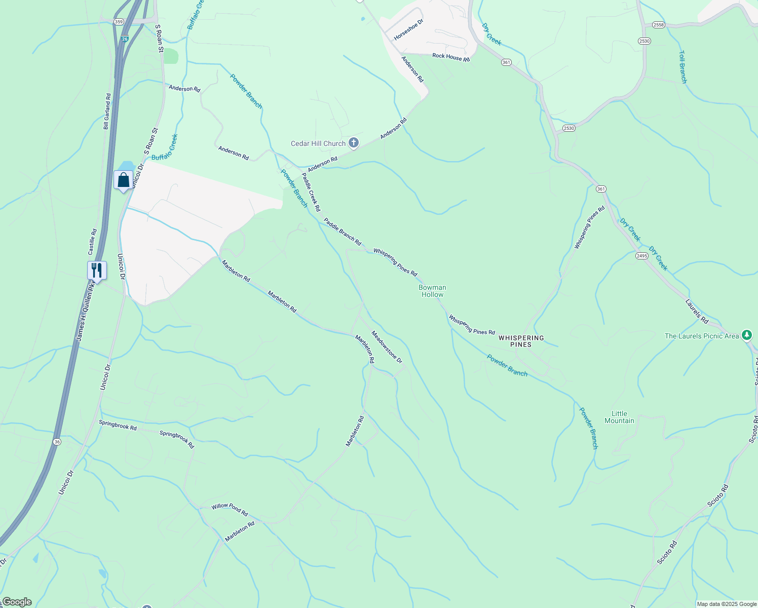 map of restaurants, bars, coffee shops, grocery stores, and more near 1121 Sunny Circle Drive in Johnson City