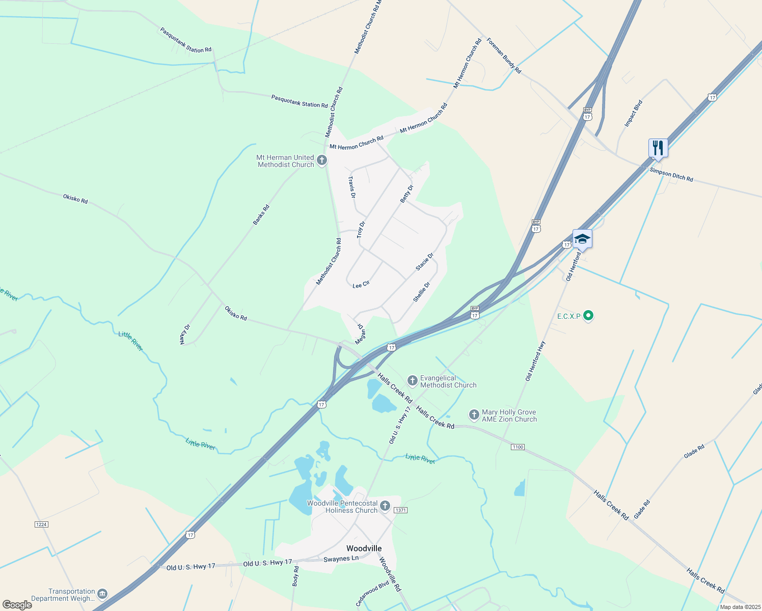 map of restaurants, bars, coffee shops, grocery stores, and more near 1099 Joyce Dr in Elizabeth City
