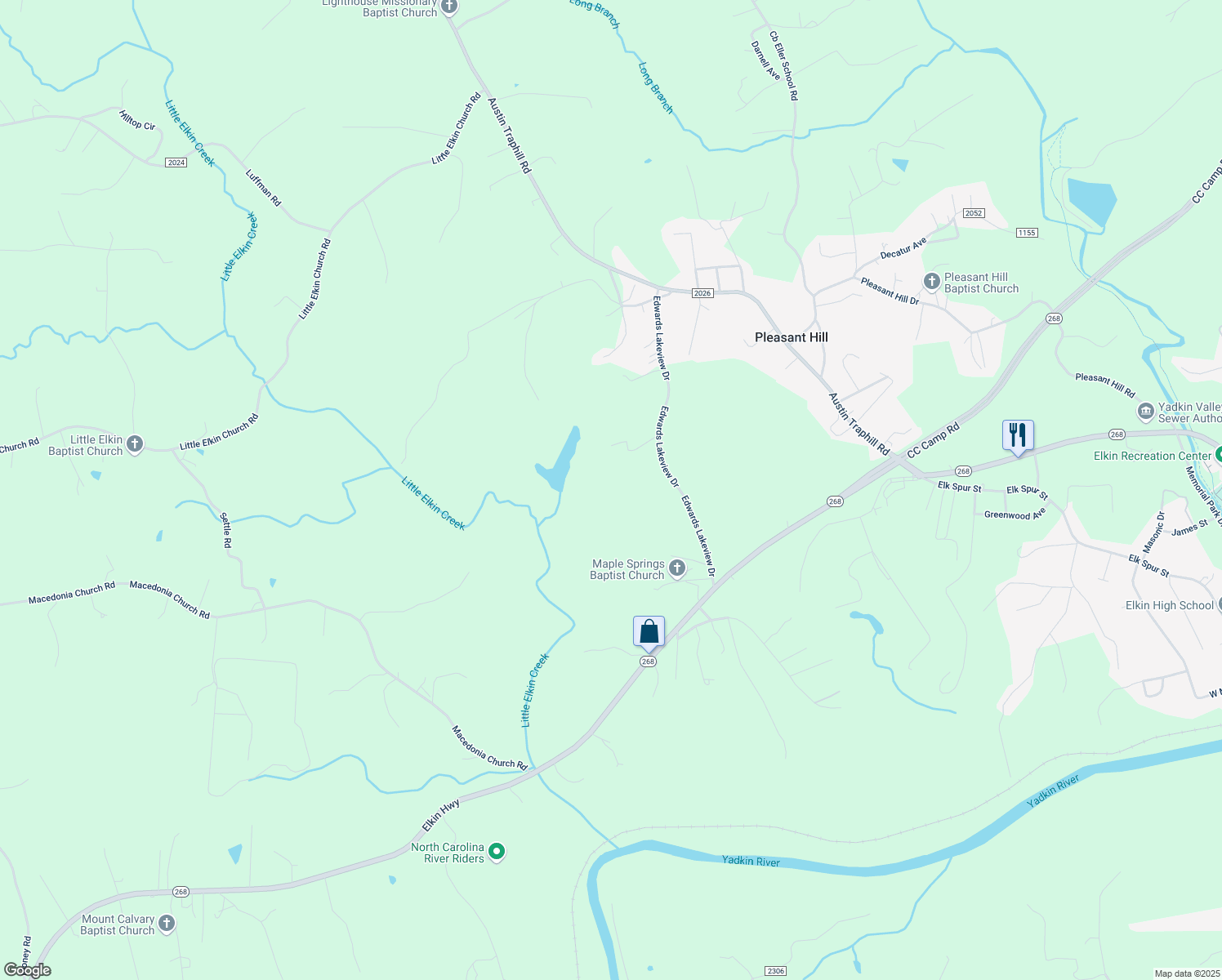 map of restaurants, bars, coffee shops, grocery stores, and more near 165 Edwards Lakeview Drive in Elkin