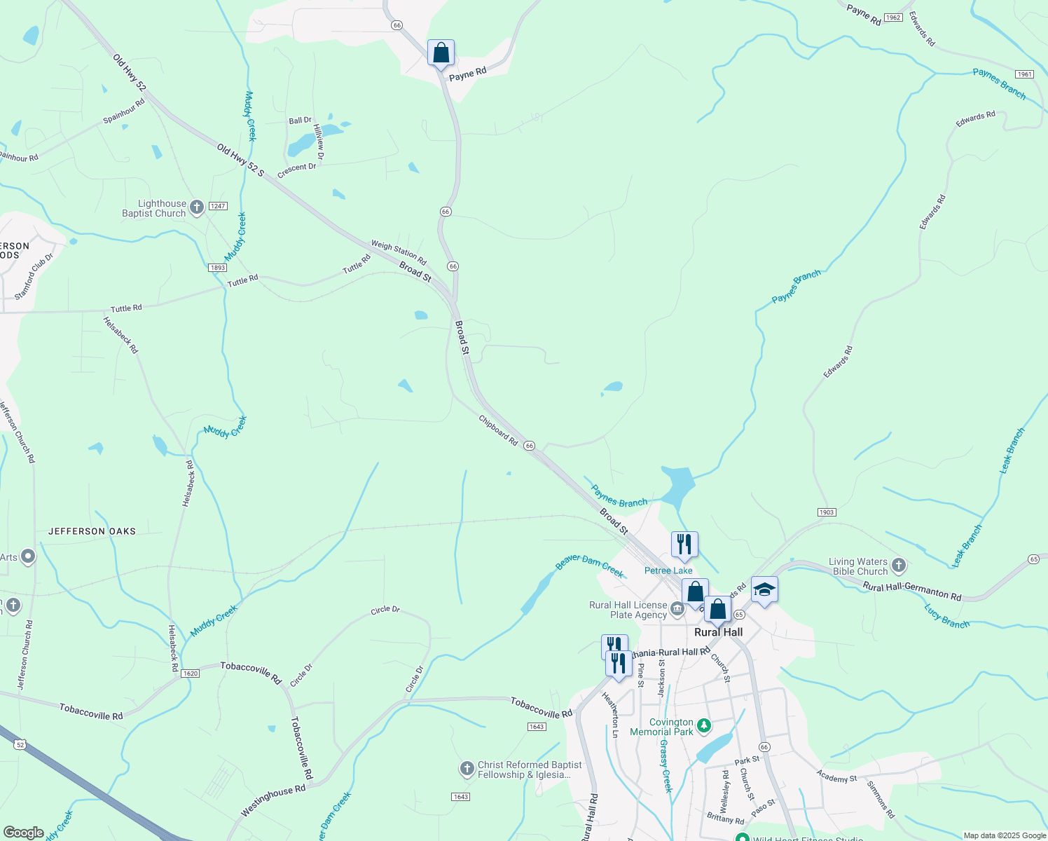 map of restaurants, bars, coffee shops, grocery stores, and more near 8845 Broad Street in Rural Hall