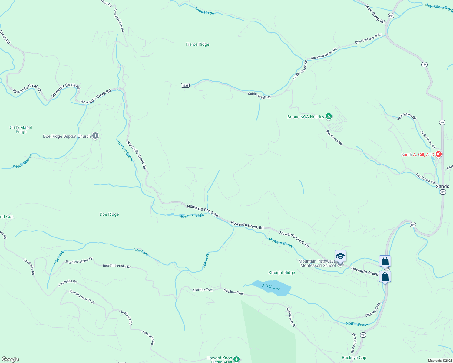 map of restaurants, bars, coffee shops, grocery stores, and more near 1672-/1674 Howard's Creek Road in Boone