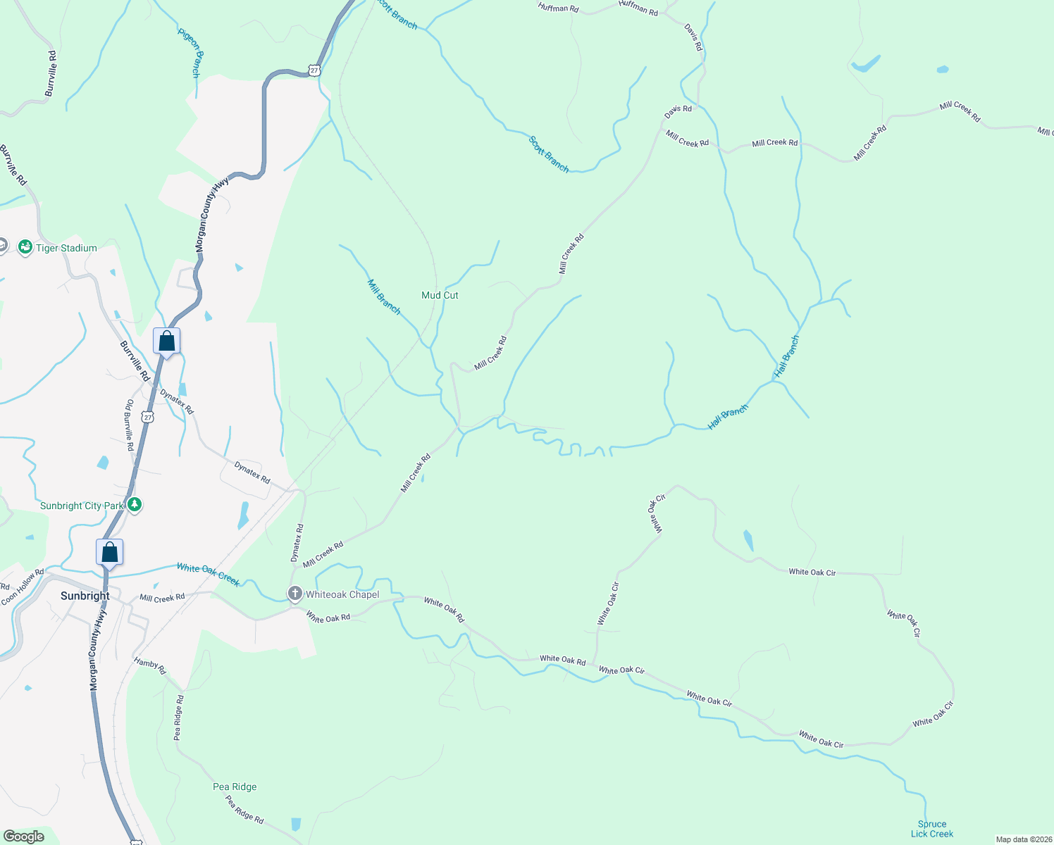 map of restaurants, bars, coffee shops, grocery stores, and more near 762 Mill Creek Road in Sunbright