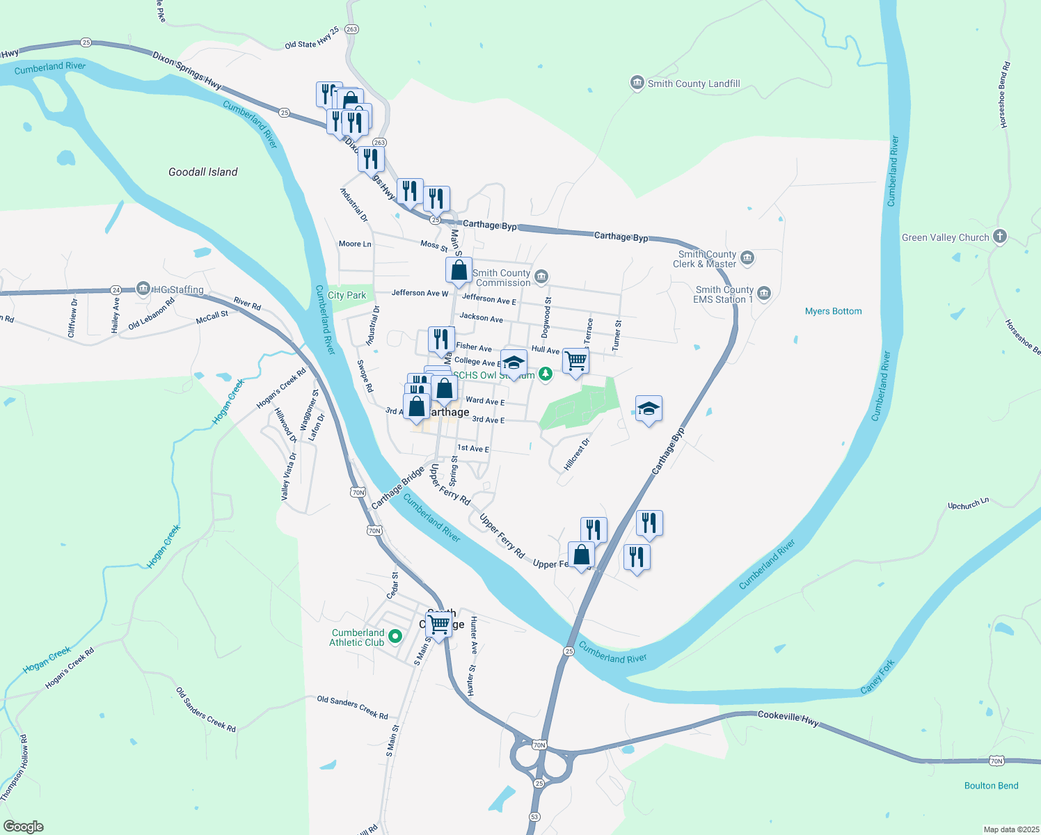 map of restaurants, bars, coffee shops, grocery stores, and more near 425 3rd Ave E in Carthage
