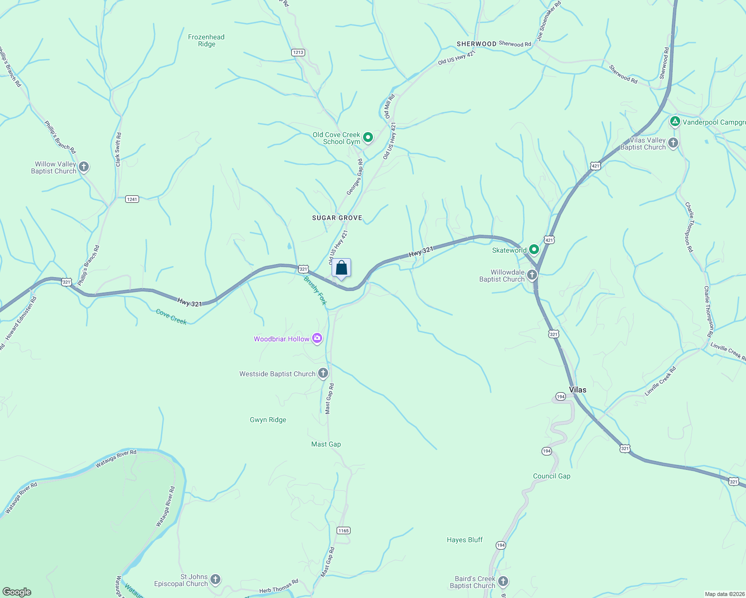 map of restaurants, bars, coffee shops, grocery stores, and more near 202 Bryant Combs Road in Sugar Grove