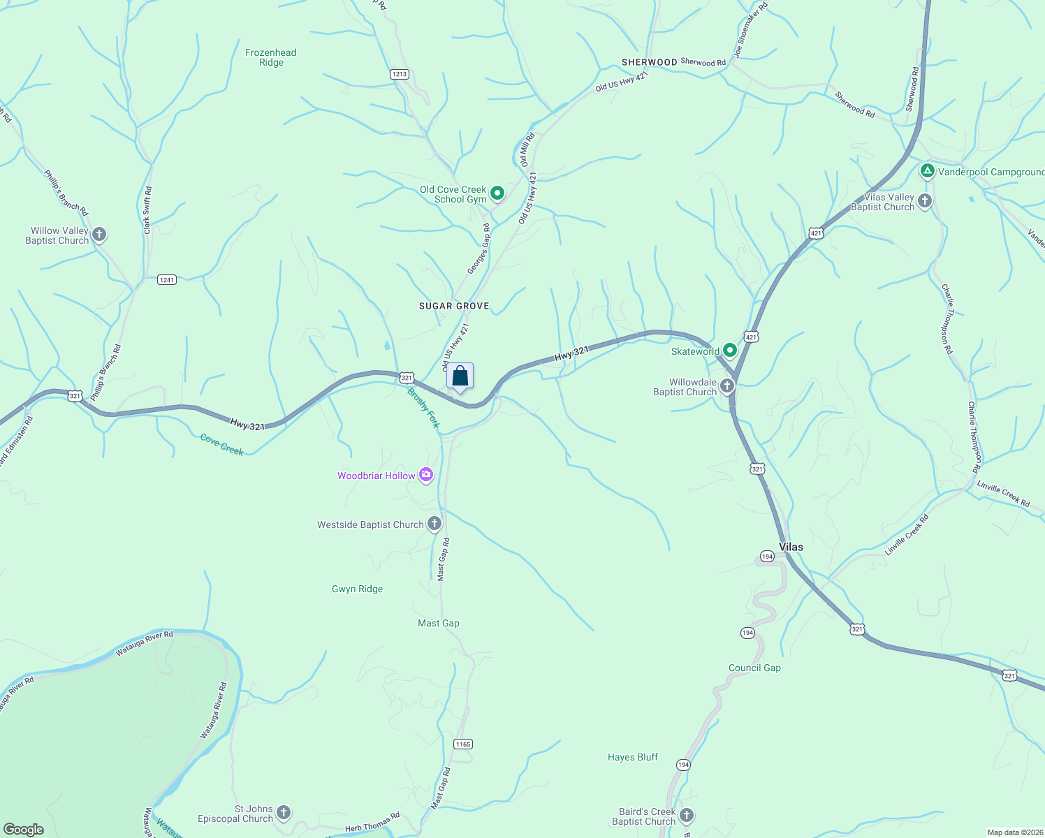 map of restaurants, bars, coffee shops, grocery stores, and more near 202 Bryant Combs Road in Watauga County