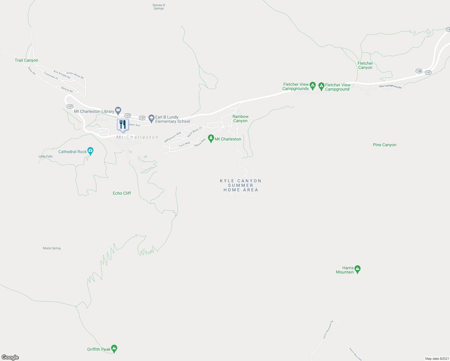 map of restaurants, bars, coffee shops, grocery stores, and more near 525 Snow Fall Trail in Mount Charleston