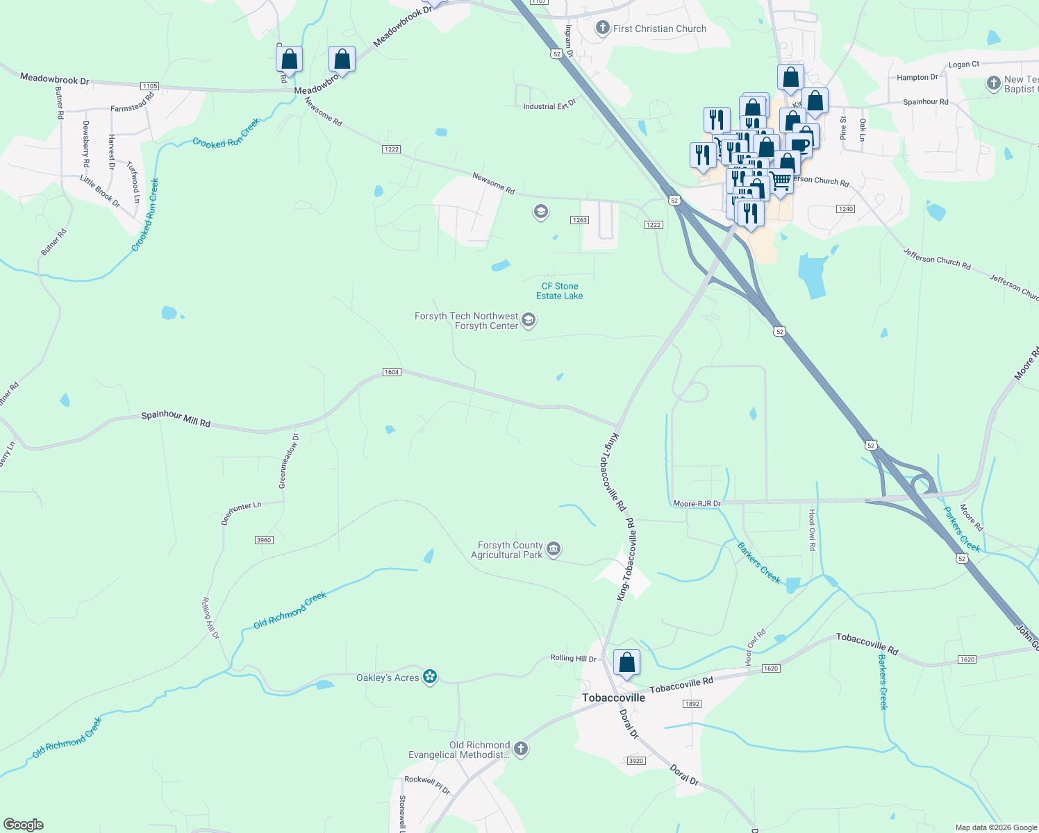 map of restaurants, bars, coffee shops, grocery stores, and more near 3170 Spainhour Mill Road in Tobaccoville