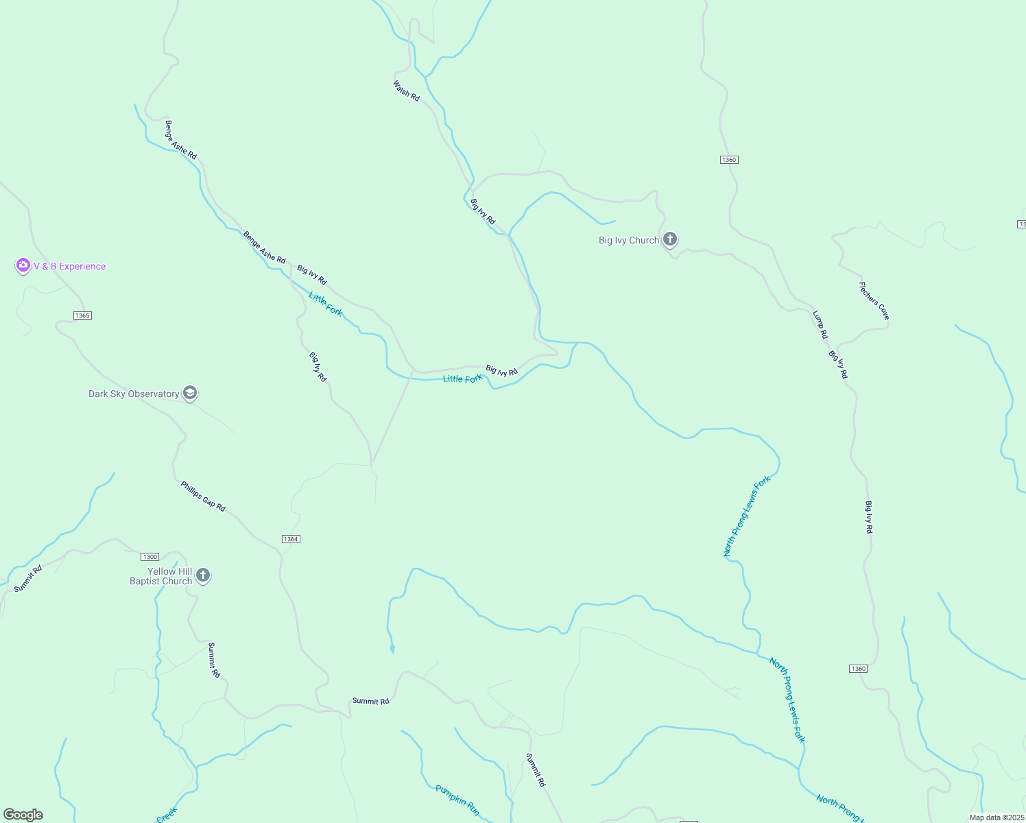 map of restaurants, bars, coffee shops, grocery stores, and more near Big Ivy Road in Wilkes County