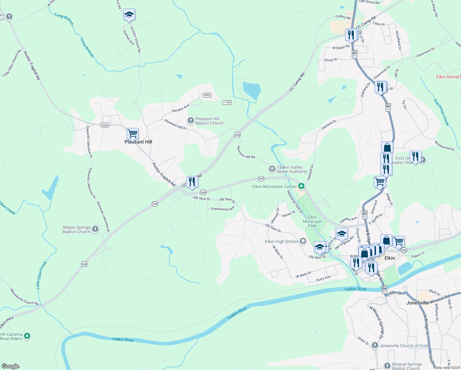 map of restaurants, bars, coffee shops, grocery stores, and more near 698 N Carolina 268 Business in Elkin