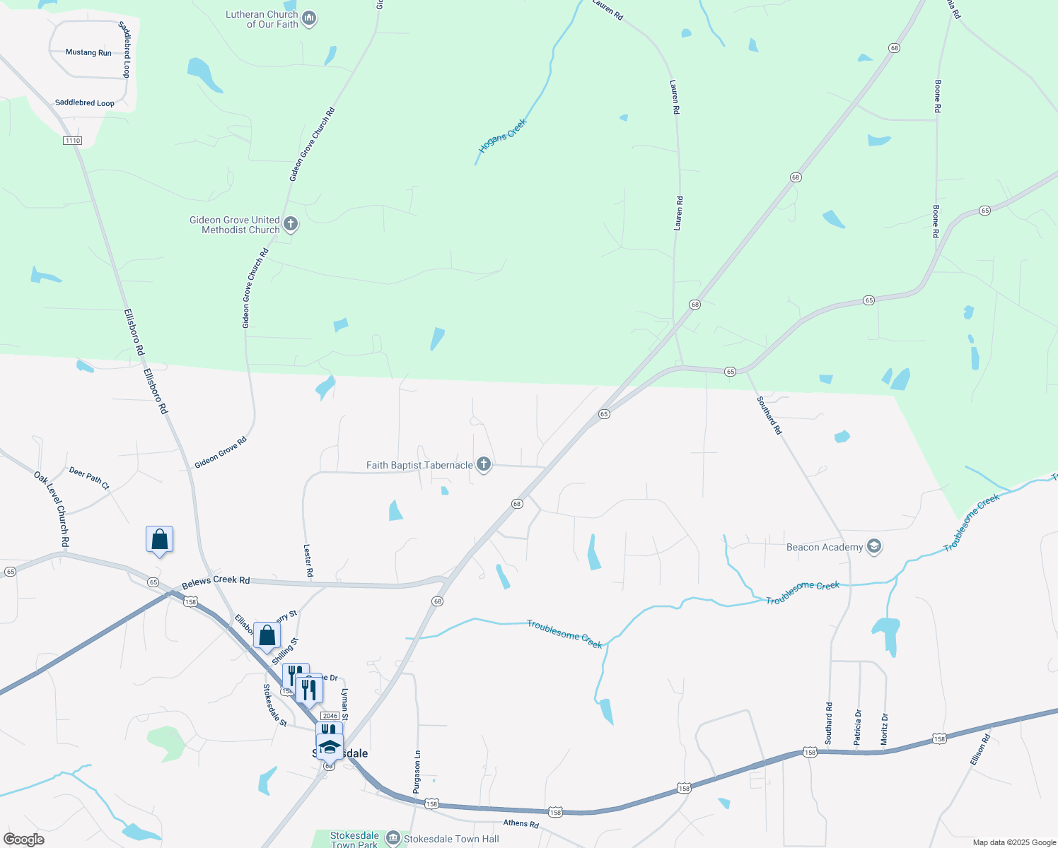 map of restaurants, bars, coffee shops, grocery stores, and more near 8205 Kandi Drive in Stokesdale