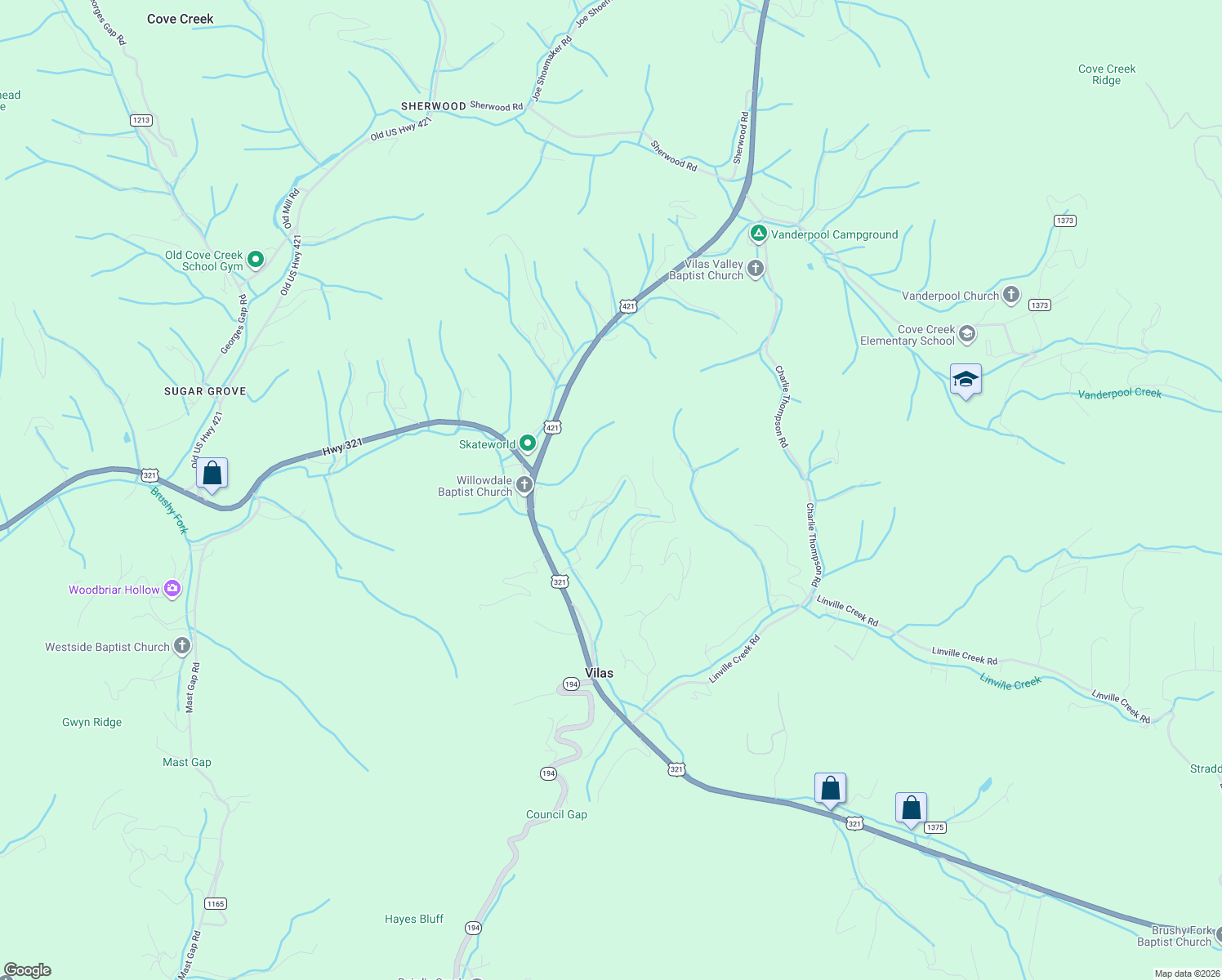 map of restaurants, bars, coffee shops, grocery stores, and more near 445 Jimmy Billings Road in Vilas