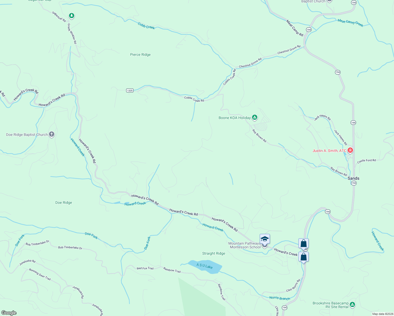 map of restaurants, bars, coffee shops, grocery stores, and more near Howards Ck Road in Boone