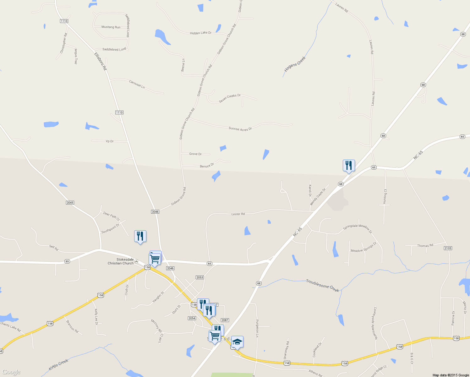 map of restaurants, bars, coffee shops, grocery stores, and more near 7980 Lester Road in Stokesdale