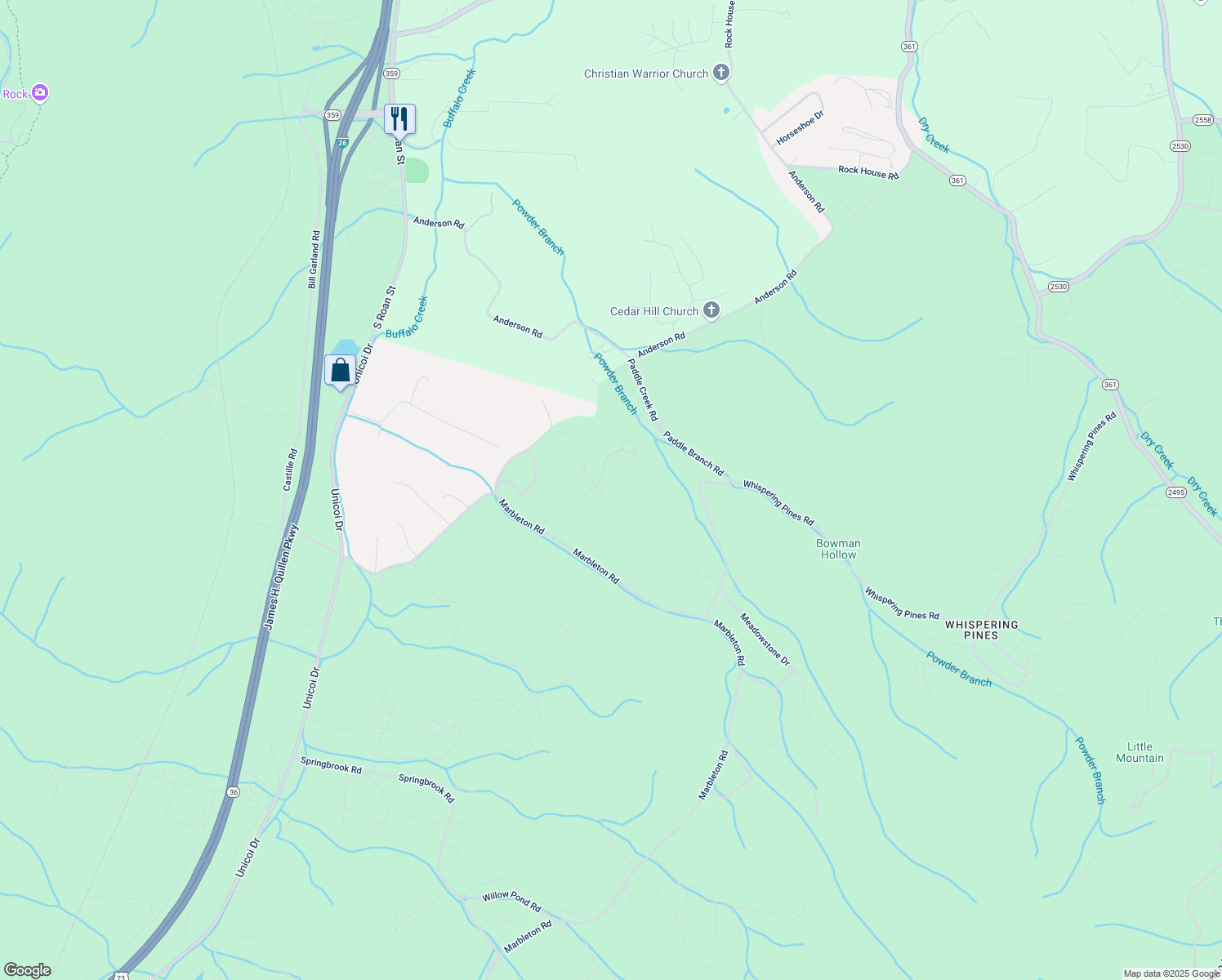 map of restaurants, bars, coffee shops, grocery stores, and more near 207 Ginger Court in Johnson City