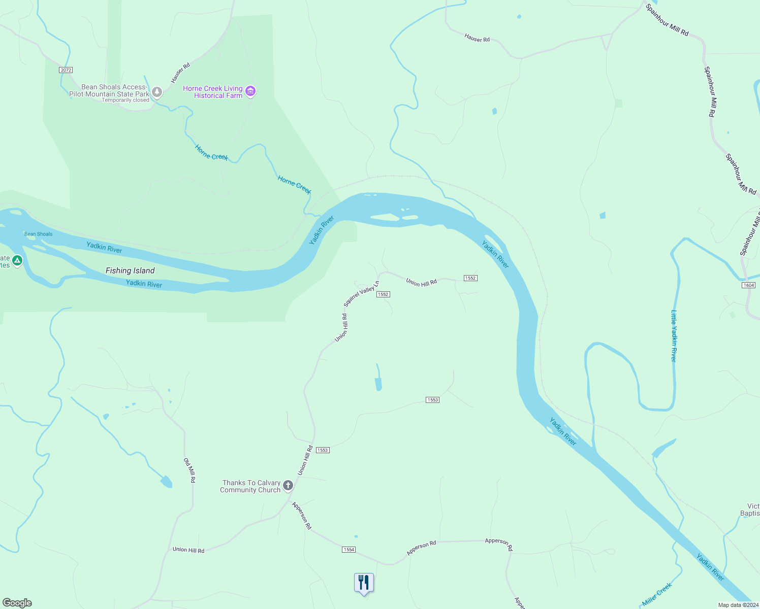 map of restaurants, bars, coffee shops, grocery stores, and more near 1021 Squirrel Valley Lane in East Bend