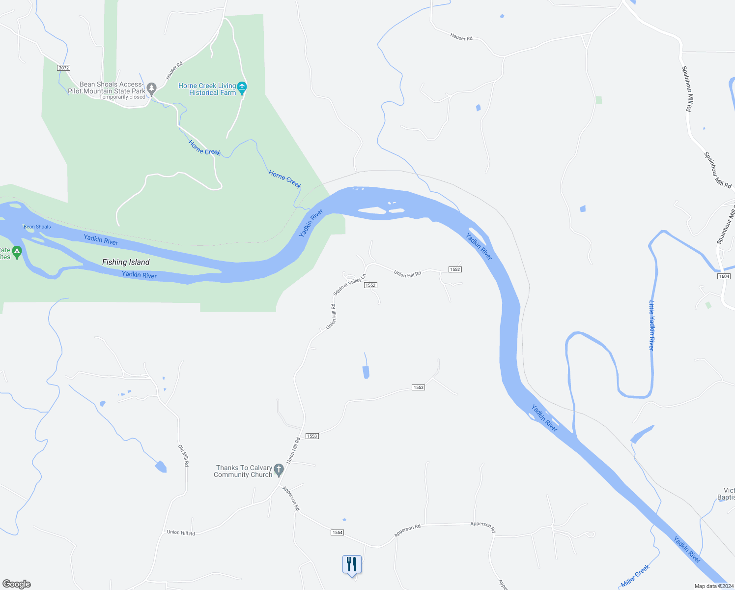 map of restaurants, bars, coffee shops, grocery stores, and more near 1021 Squirrel Valley Lane in East Bend