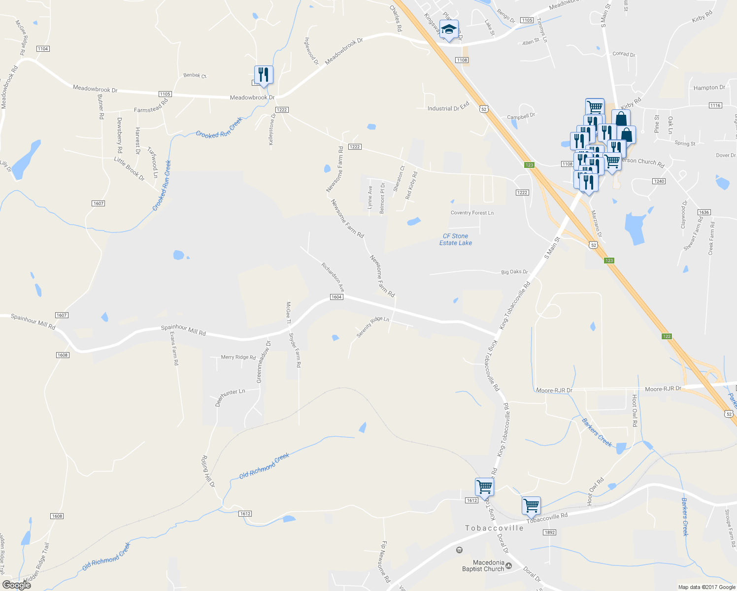 map of restaurants, bars, coffee shops, grocery stores, and more near 3497 Spainhour Mill Road in Tobaccoville