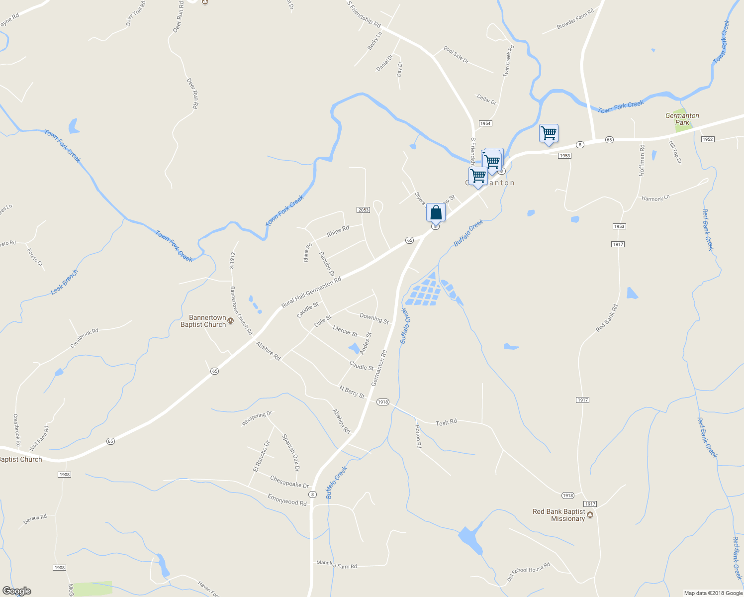 map of restaurants, bars, coffee shops, grocery stores, and more near 6716 Andes Street in Germanton